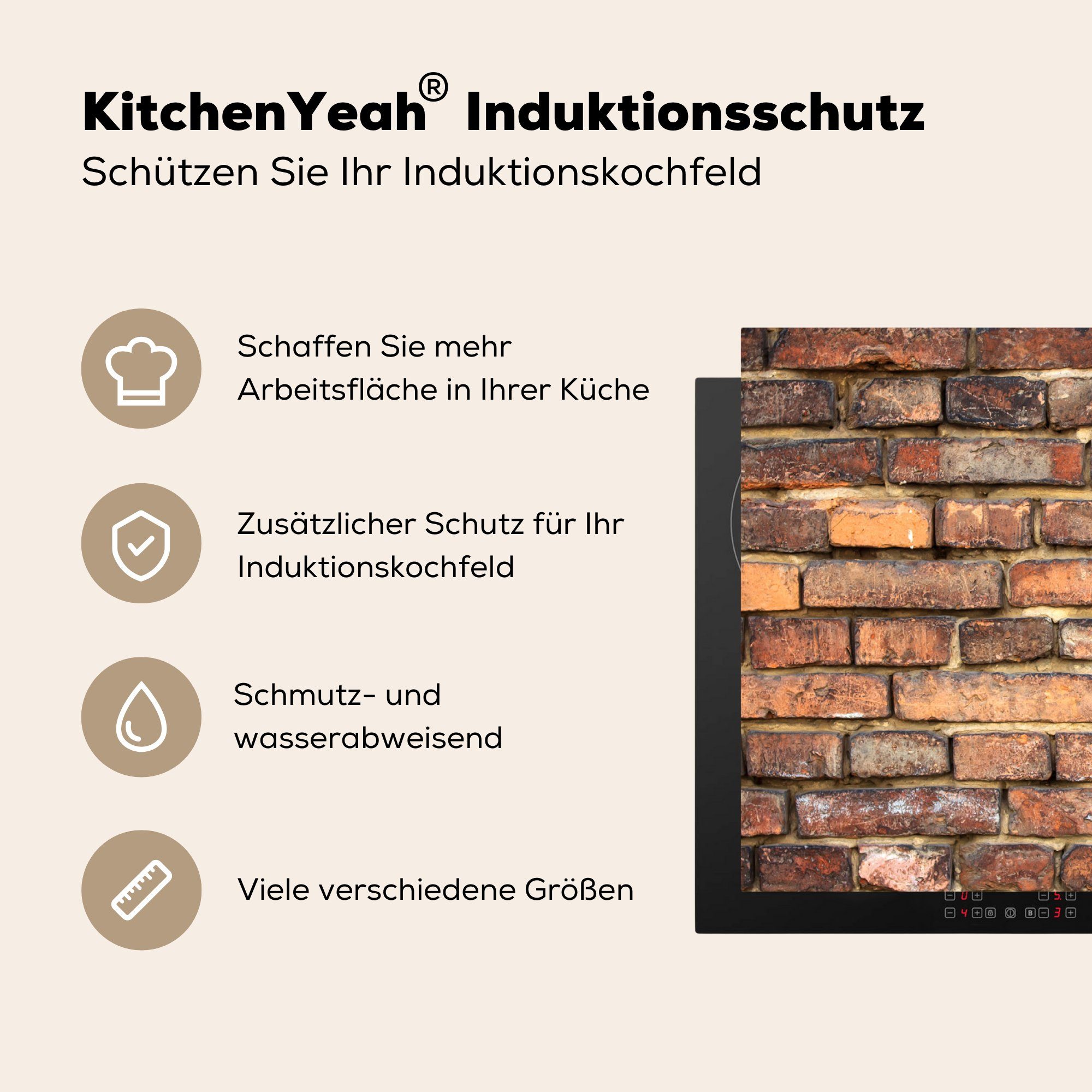 tlg), Vinyl, Ziegel - 83x51 Induktionsschutz Braun - küche für MuchoWow Arbeitsplatte Wand, Ceranfeldabdeckung, Herdblende-/Abdeckplatte - cm, (1