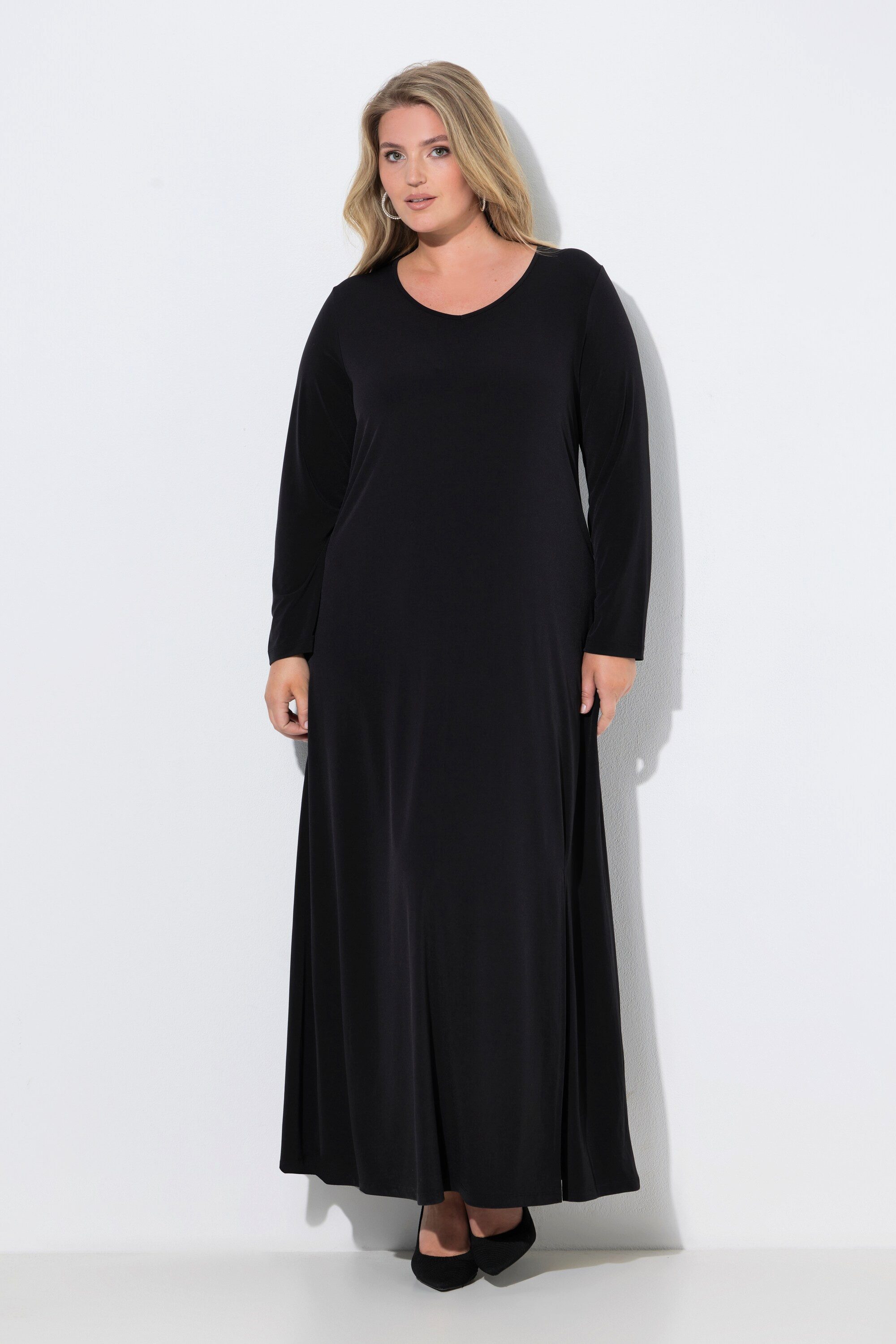 Ulla Popken Maxikleid Maxikleid Schulter-Einsätze V-Ausschnitt Langarm