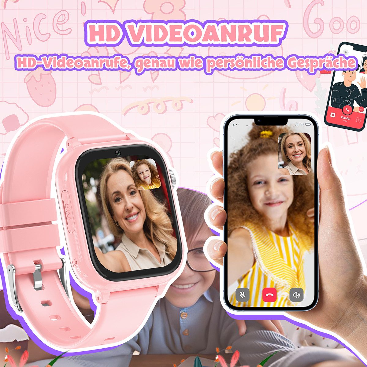 Vashoy Kinderuhr T59/T53 Smartwatch Kinder mit GPS,Kindgerecht sicher Smartwatch (5 cm/1.83 Zoll, RTOS/4G (LTE) 4G Telefonfunktionen Smartwatch, 6-tlg., Mit App – Bild 2 von 5
