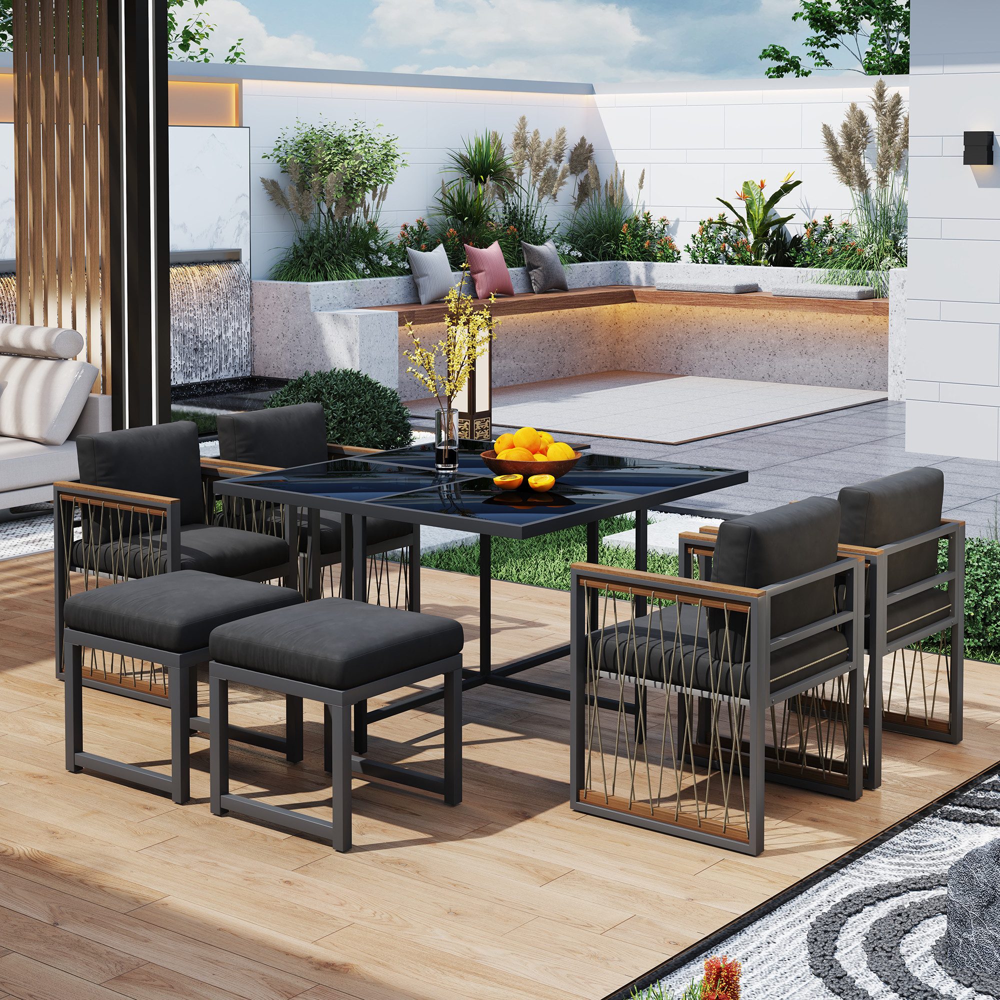 Merax Sitzgruppe aus Polyrattan, Akazienholz & verzinkten Eisenrahmen, (7-tlg., Gartengarnitur), 6-Sitzer Gartenlounge Gartenmöbel Essgruppe mit Tisch, Hocker & Sessel