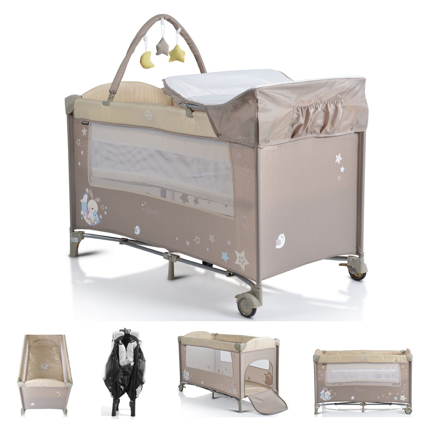 Moni Baby-Reisebett Reisebett Sleepy Rollen, Wickelauflage, Matratze, Spielbogen, Seiteneingang