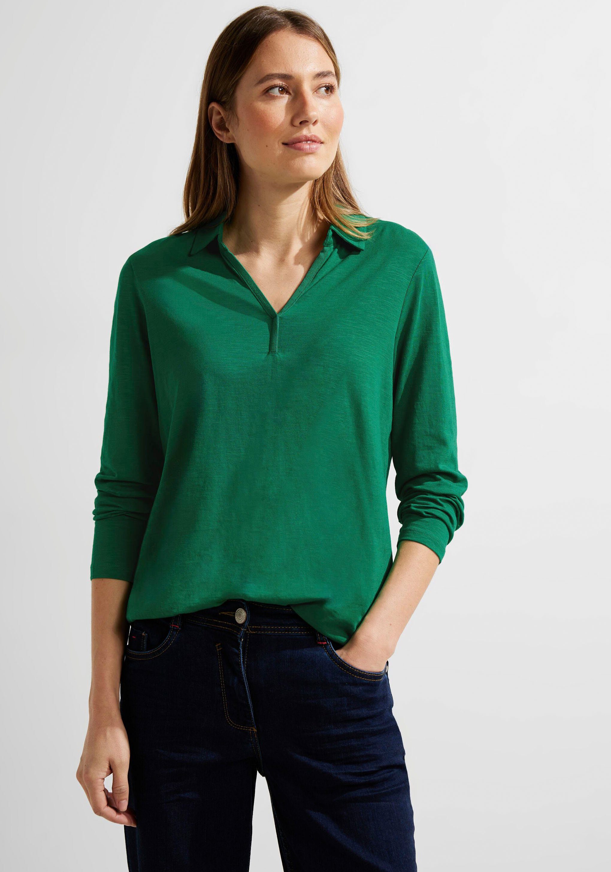 Top-Restaurant Cecil Langarmshirt in Flammgarn-Optik easy green