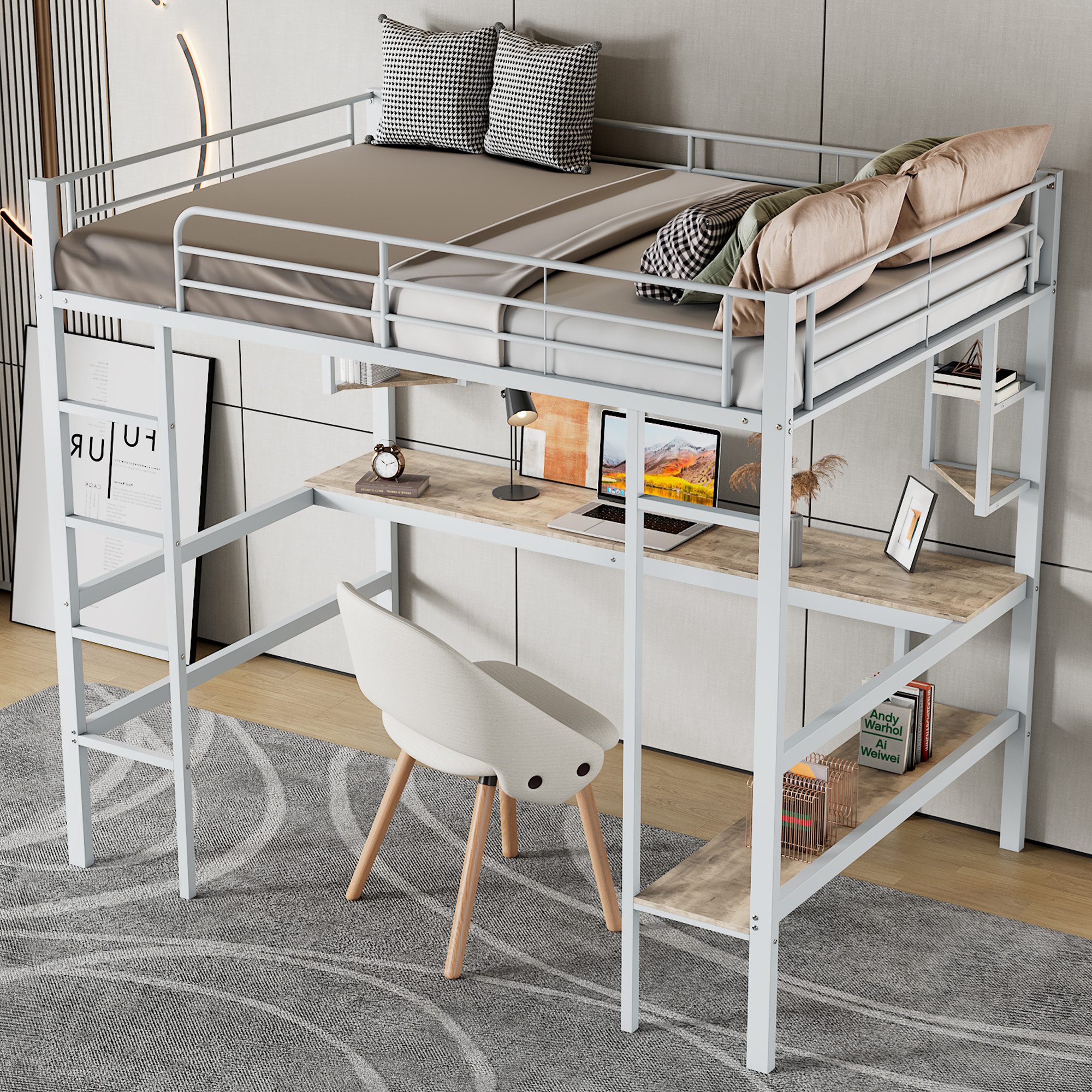 MODFU Hochbett Metallbett mit Geländer (Jugendbett, Stockbett, mit Schreibtisch & Regal, 90x200cm) ohne Matratze