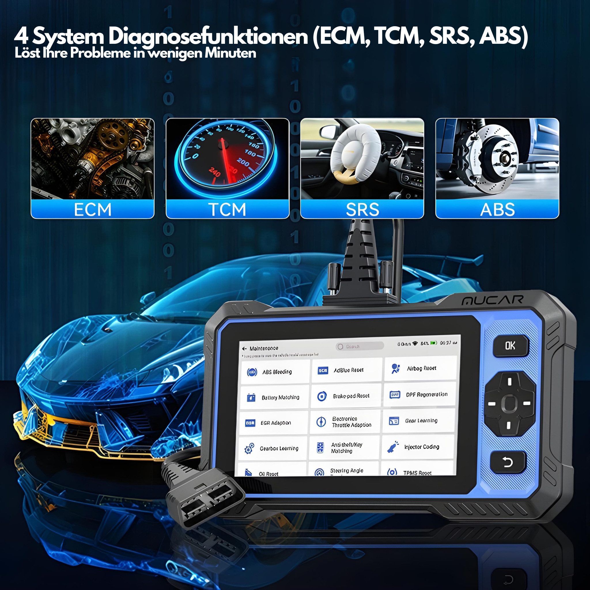 MUCAR Kfz-Diagnosegerät OBD2 Diagnosegerät – Profi-Fahrzeugdiagnose mit CAN-FD, Komplett-Set, Komplettset, CAN-FD, bidirektionale Tests, WLAN-Update, Touchscreen