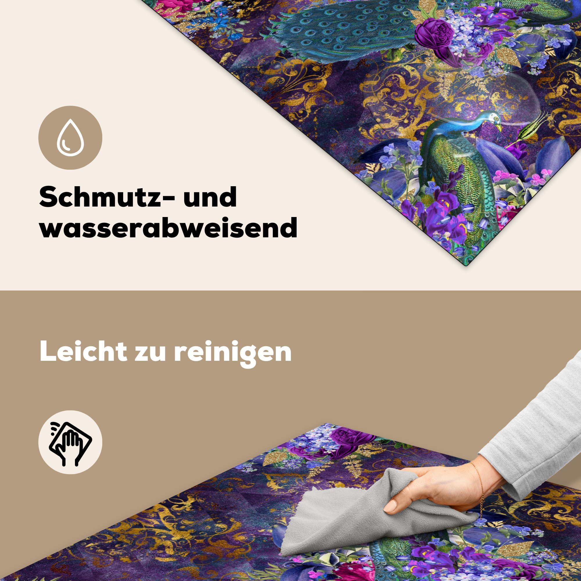 Muster 78x78 Violett, für küche cm, MuchoWow tlg), (1 - - Vinyl, Ceranfeldabdeckung, Arbeitsplatte Herdblende-/Abdeckplatte Pfau