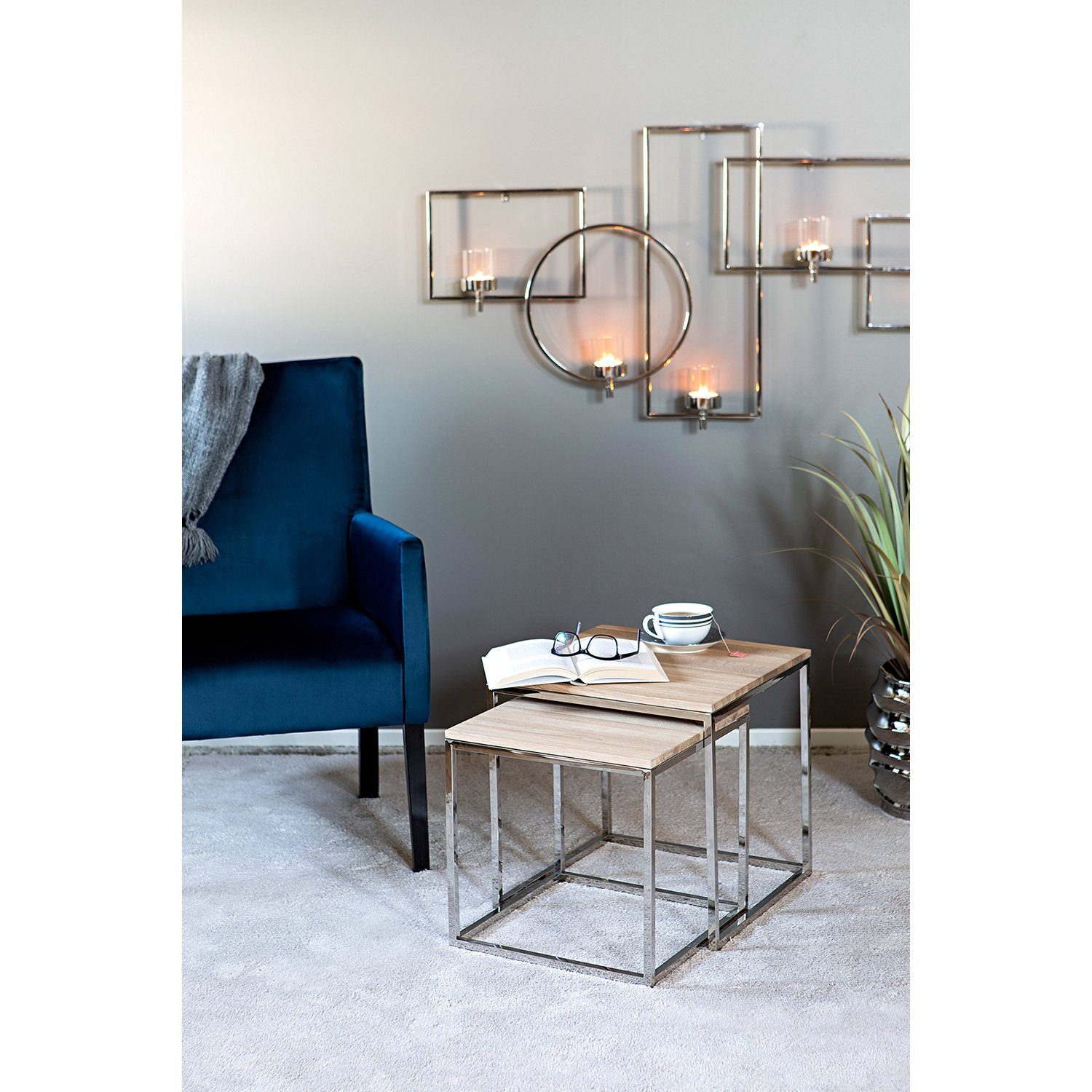 Fink Tabletttisch NOVO - Wohnzimmertisch aus Eiche - Beistelltisch H.46cm - Couchtisch (1 Stück, 1 Stück), Kaffeetisch eckig - Sofatisch aus Holz und Edelstahl - Couch-Tisch