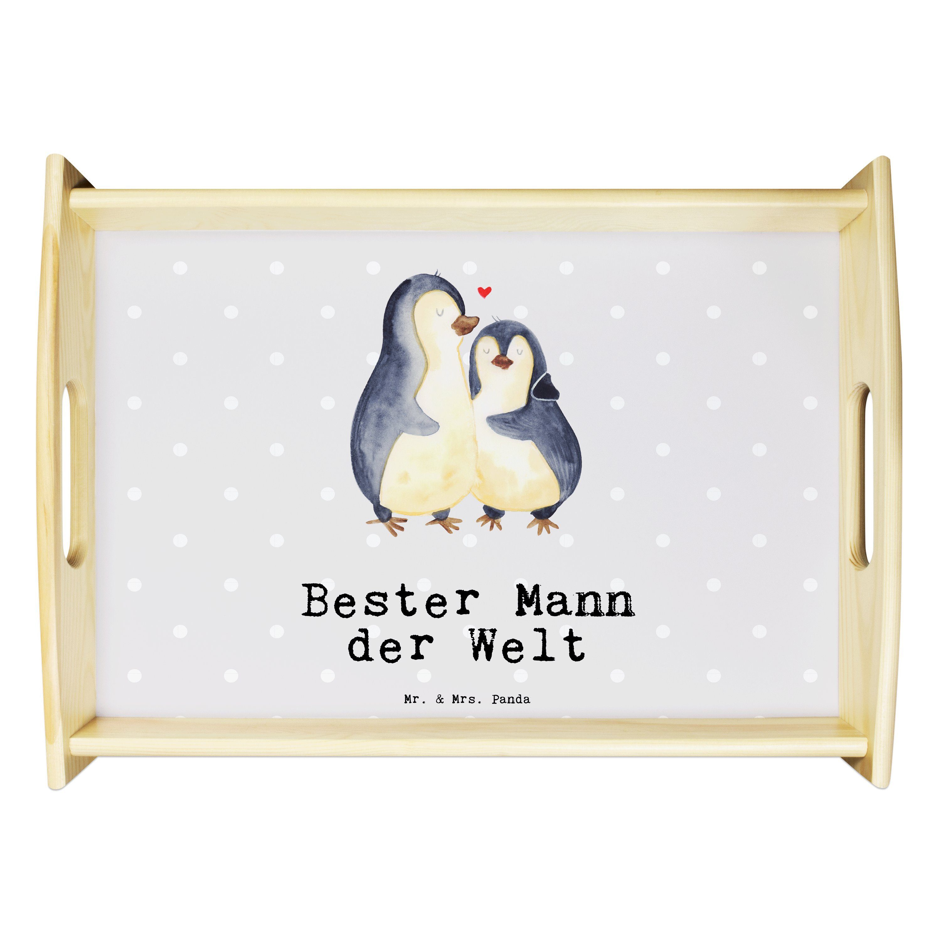 Mr. & Mrs. Panda Tablett Pinguin Bester Mann der Welt - Grau Pastell - Geschenk, Frühstückstab, Echtholz lasiert, (1-tlg)