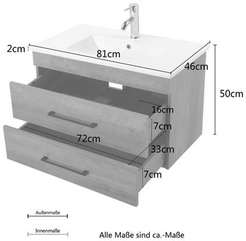 welltime Waschtisch Florenz Badmöbel Badschrank mit Waschbecken, Waschplatz mit 2 Auszügen und Softclose Breite 80cm