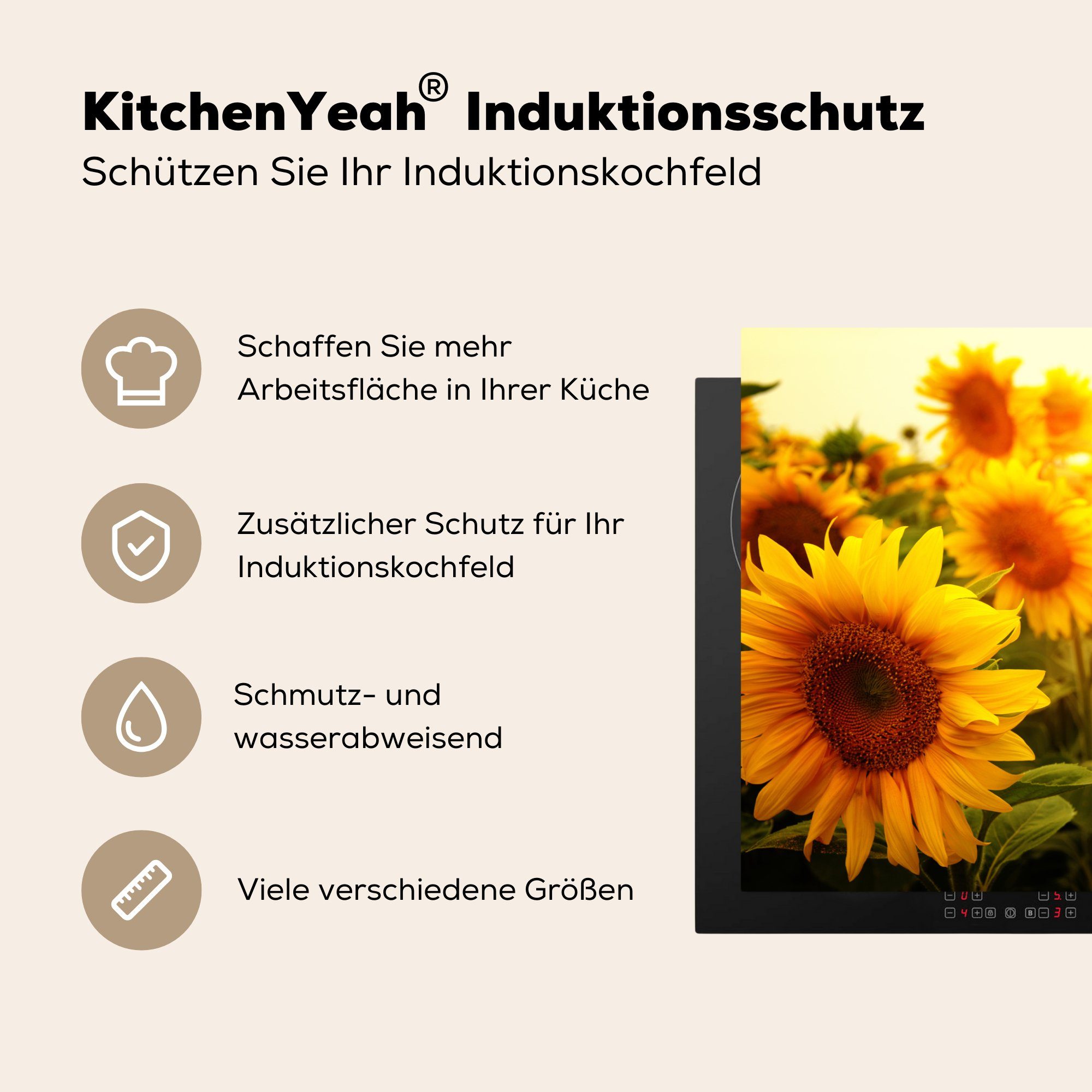 Gelb Herdblende-/Abdeckplatte 81x52 - für cm, MuchoWow Schutz Induktionskochfeld küche, (1 Blumen Ceranfeldabdeckung tlg), Sonnenblume Sonne, die Vinyl, - -