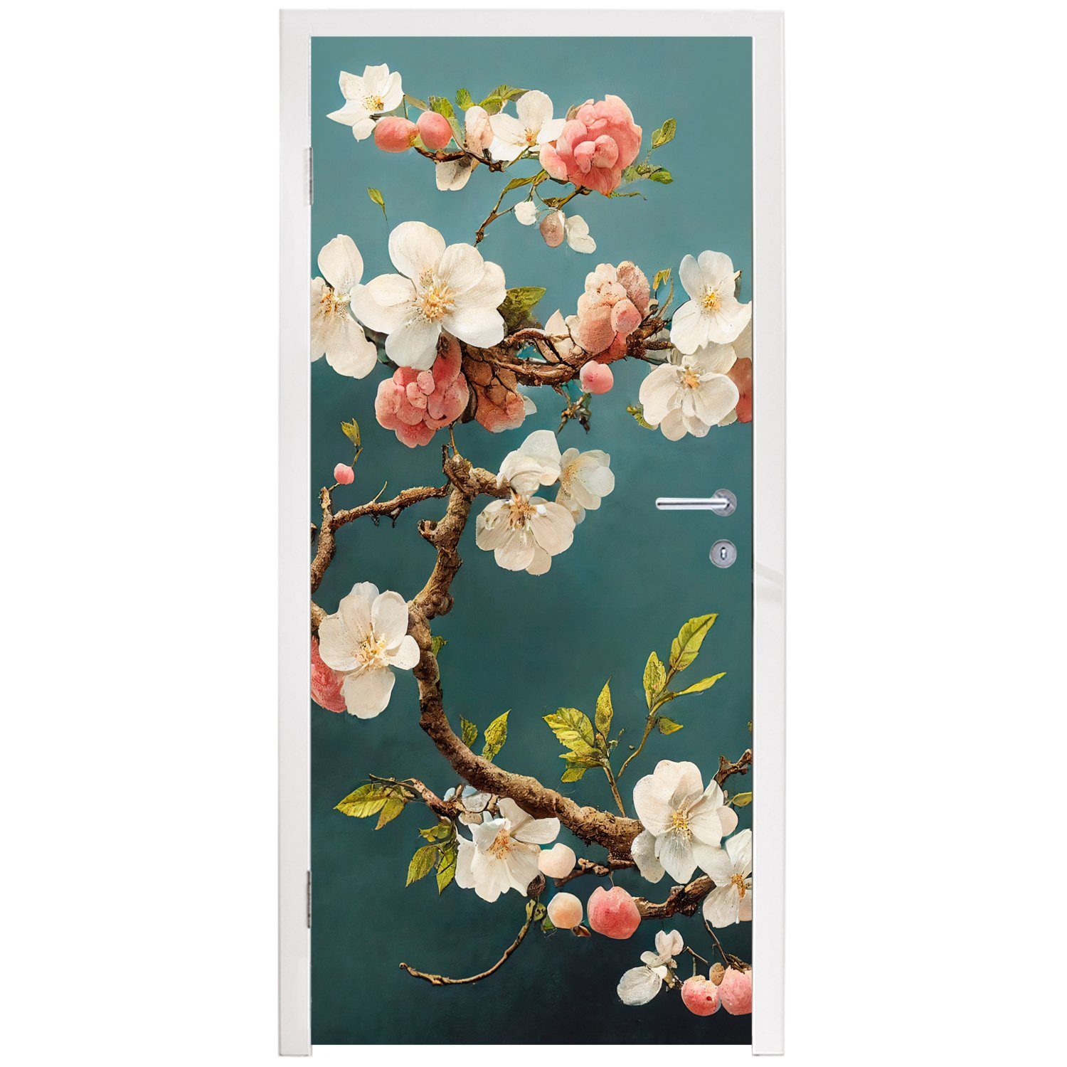 - Kirsche - Matt, Weiß, (1 cm Tür, MuchoWow Türaufkleber, Blüte bedruckt, Türtapete Zweig für St), Fototapete 75x205 - - Blumen