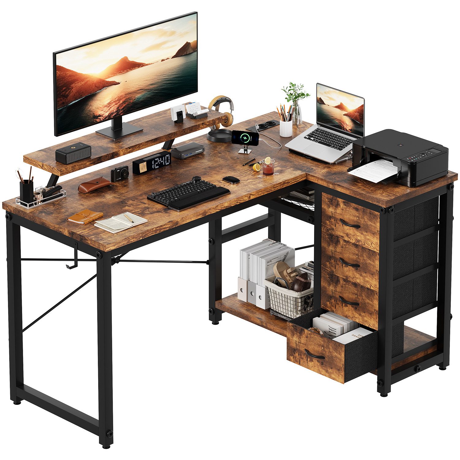 HOMALL Eckschreibtisch 100/120L Form mit Ablagefächern, 2 Tier DIY Lagerregalen Computertisch, Schreibtisch,PC Tisch,Heimbüro