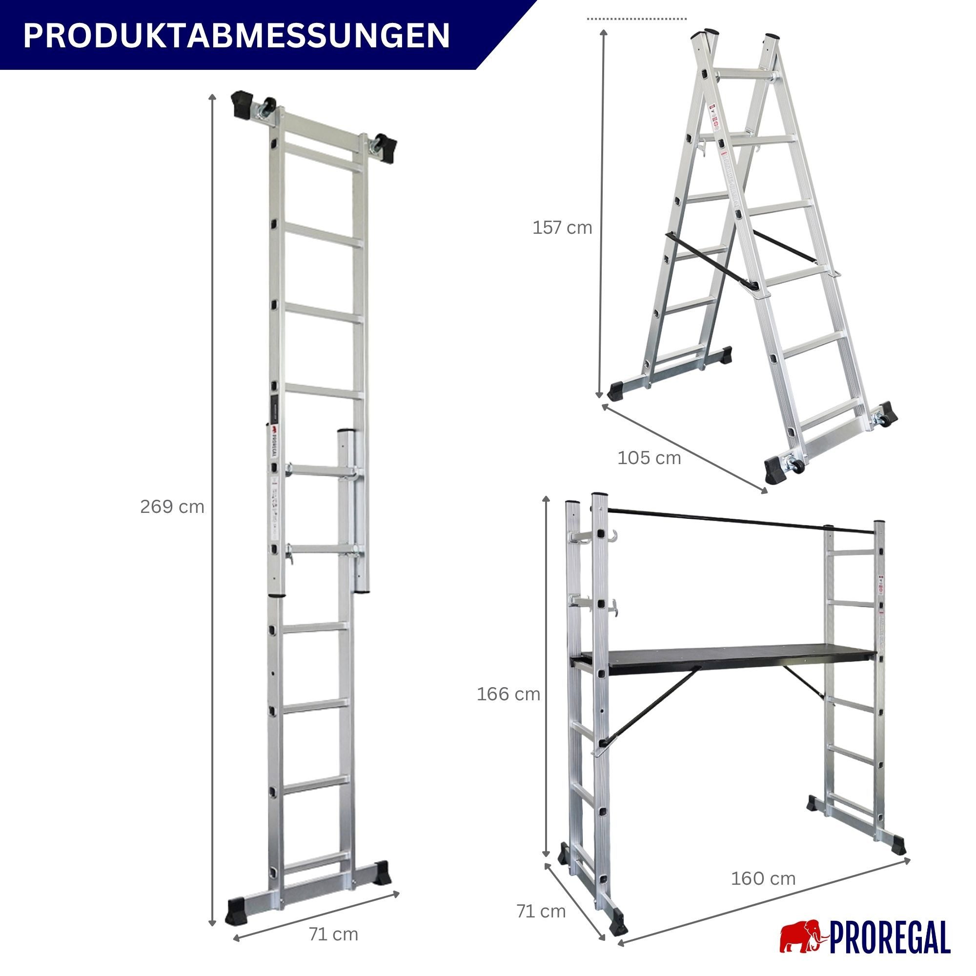 PROREGAL® MULTISTEP 3-in-1 Aluminum Ladder/Step Ladder, 2x6 Rungs, Load Capacity 150kg