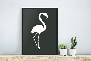 MuchoWow Poster Scherenschnitt - Flamingo - Weiß, (1 St), Gerahmtes Poster, Wanddeko, Bilder, Wandposter, Schwarzem Bilderrahmen