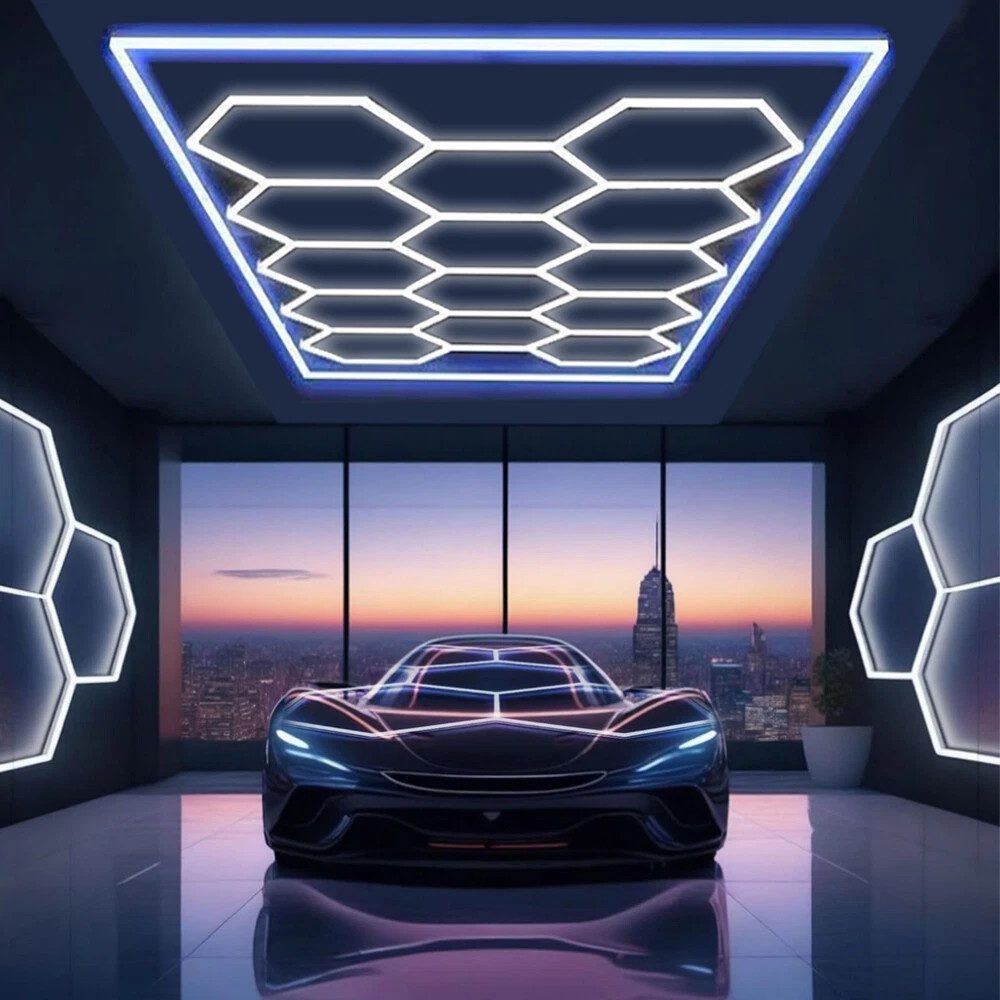 oyajia LED Dekolicht 14er-Pack Hexagon LED Garagenleuchte, Rahmen/Blau, LED Garage Light, Kaltweiß+Blau, DIY LED Dekolicht für Garage Studio Friseursalons Auto-Detailing-Shop