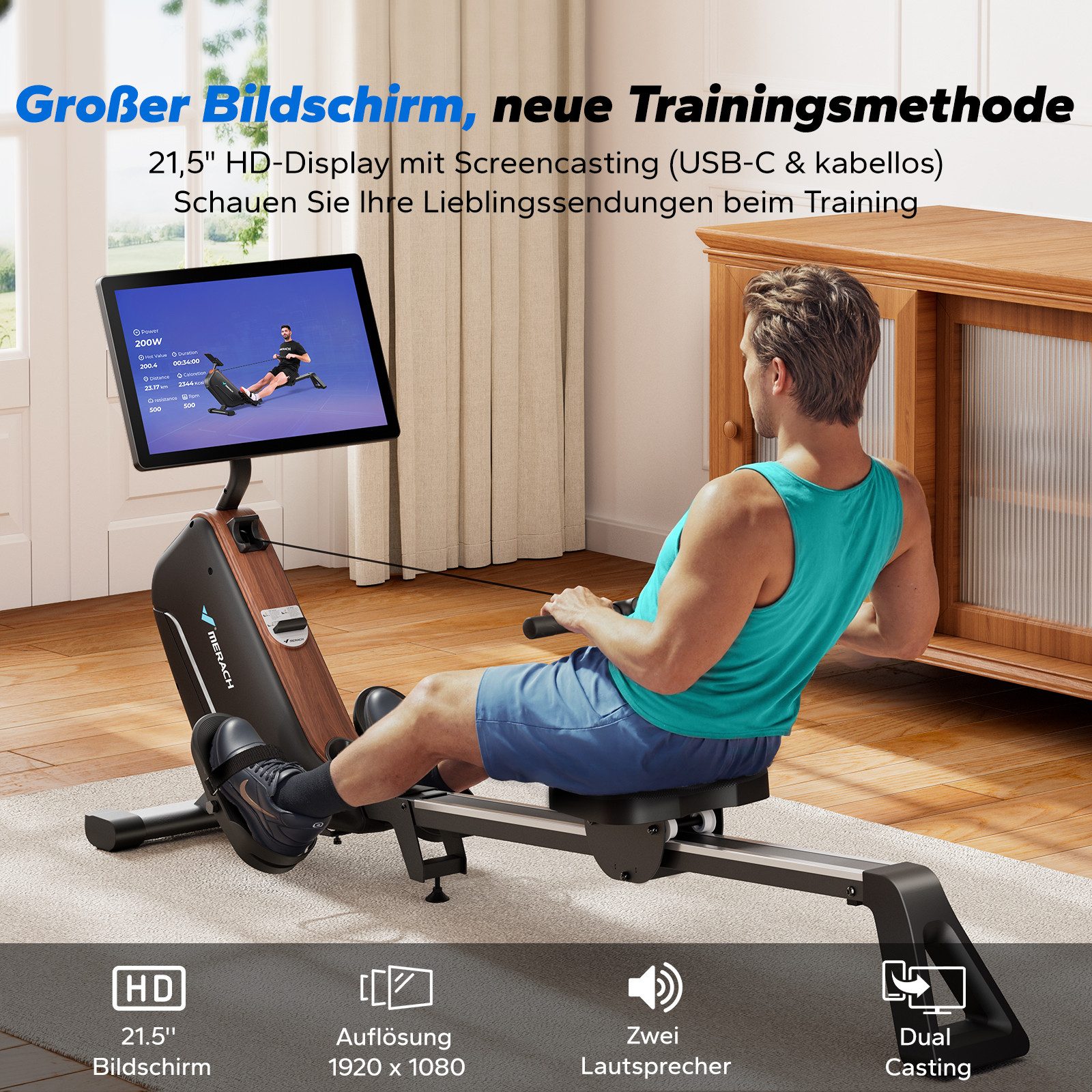 MERACH Rudergerät mit HD-Bildschirm, leise mit 16 Magnet-Widerstandsstufen (HD-Display, Rudermaschine mit Bluetooth, faltbar, platzsparend, 1-tlg., Kompatibel mit Kinomap, Tablet- und Flaschenhalter, mit Merach APP), automatischer Magnetwiderstand, einfache Montage, bis 158 kg