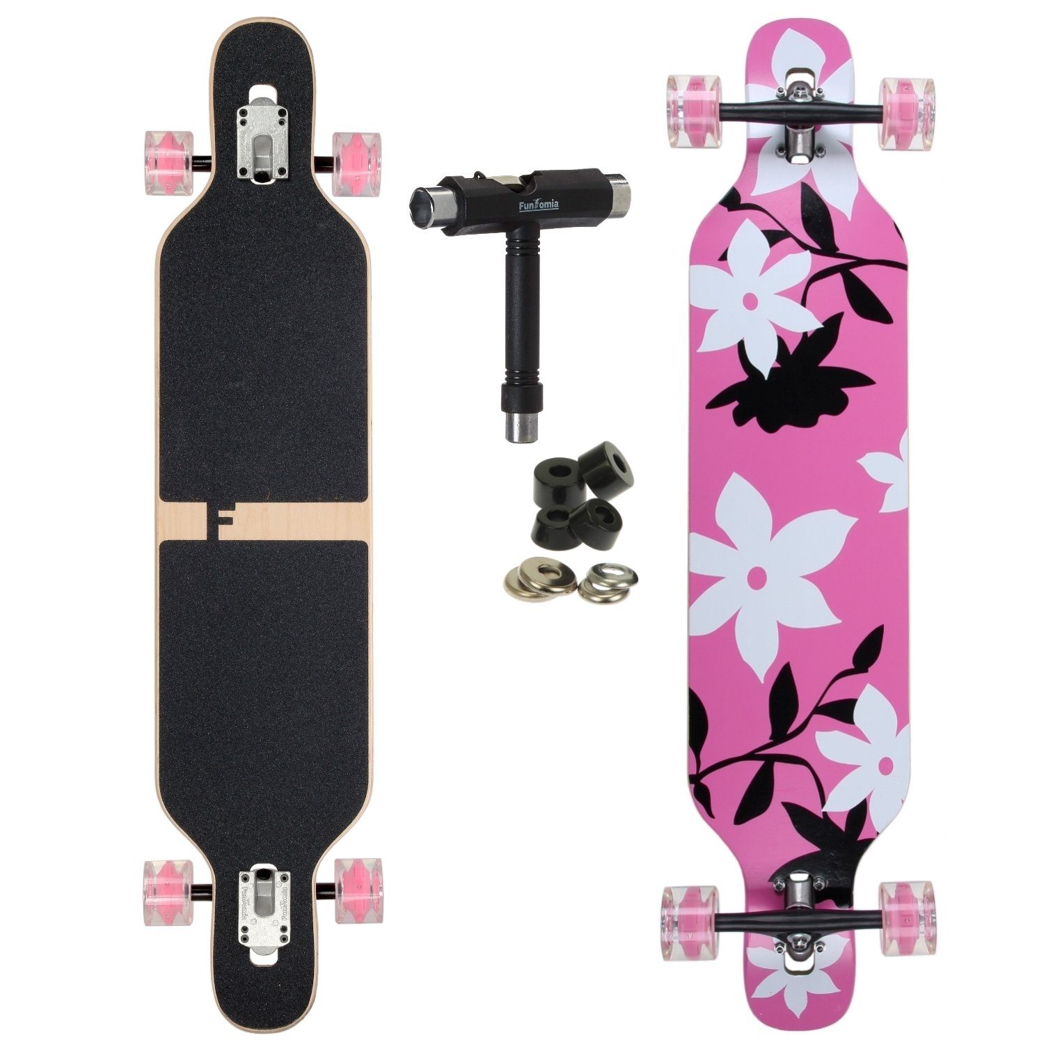 FunTomia Longboard Longboard in 3 Flex Stufen Camber Ahornholz + T-Tool mit LED Rollen, Camber Twin Tip