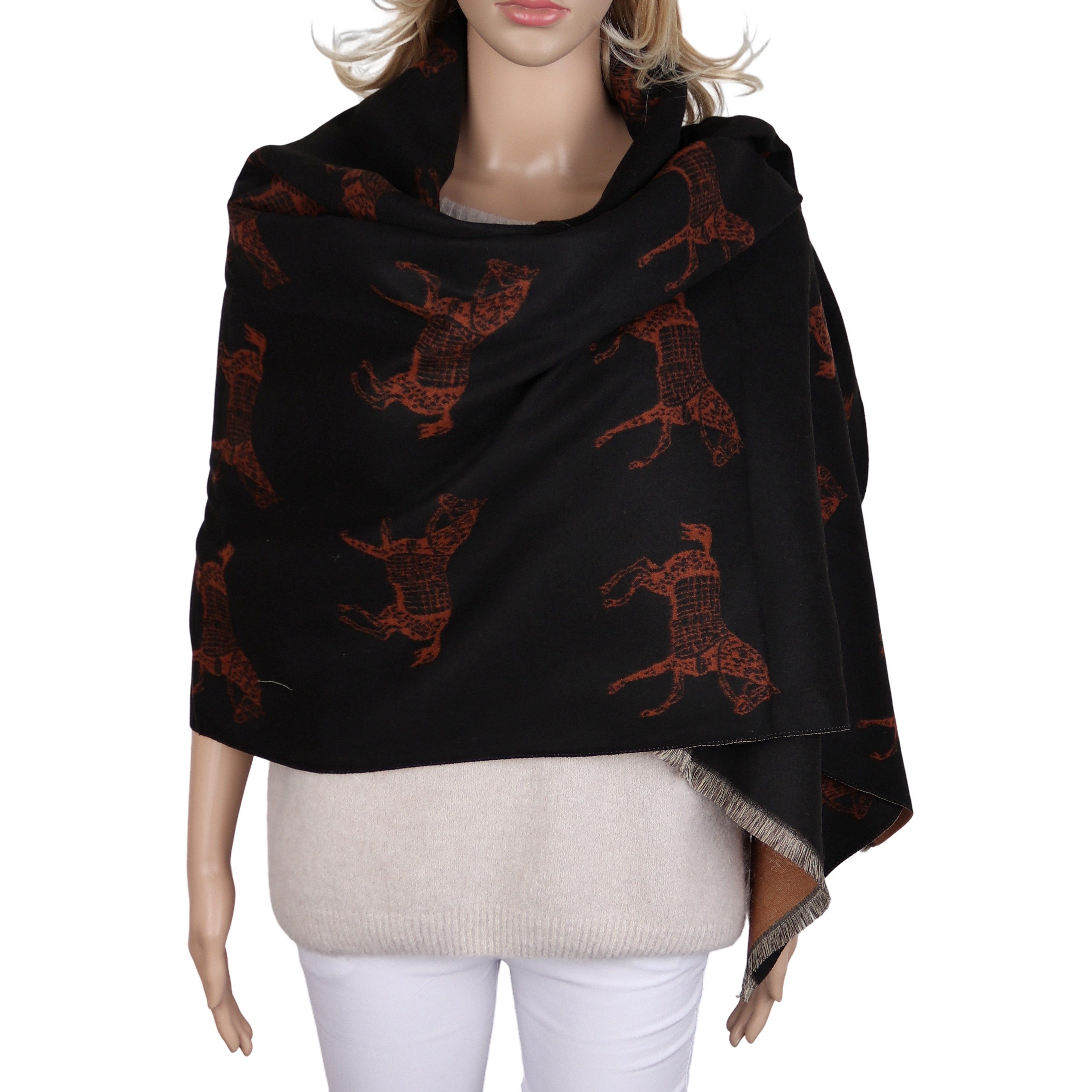 MIRROSI Modeschal Damen Schal 68x180 cm mit Pferde-Motiv – warmer Wendeschal, (Neue Kollektion Herbst/Winter 2026), aus Viskose-Woll-Mix, auch als Poncho tragbar