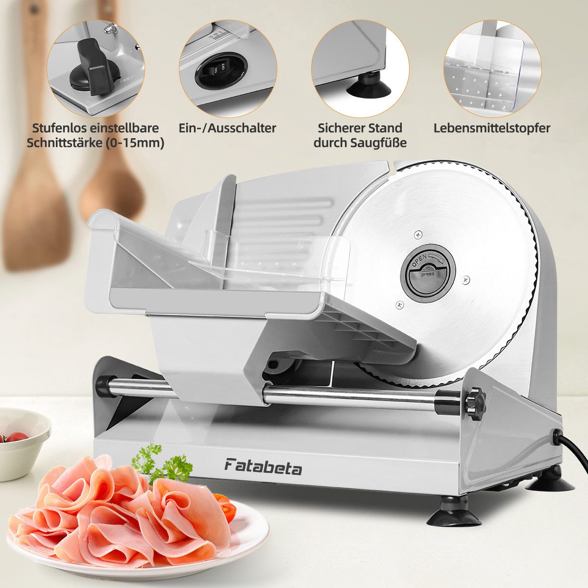 FATABETA Allesschneider Elektrische Brotschneidemaschine mit Ø 190 mm Edelstahlmesser, 200,00 W, mit stufenlos einstellbarer Schnittstärke (0–15 mm), Metallgehä – Bild 2 von 5