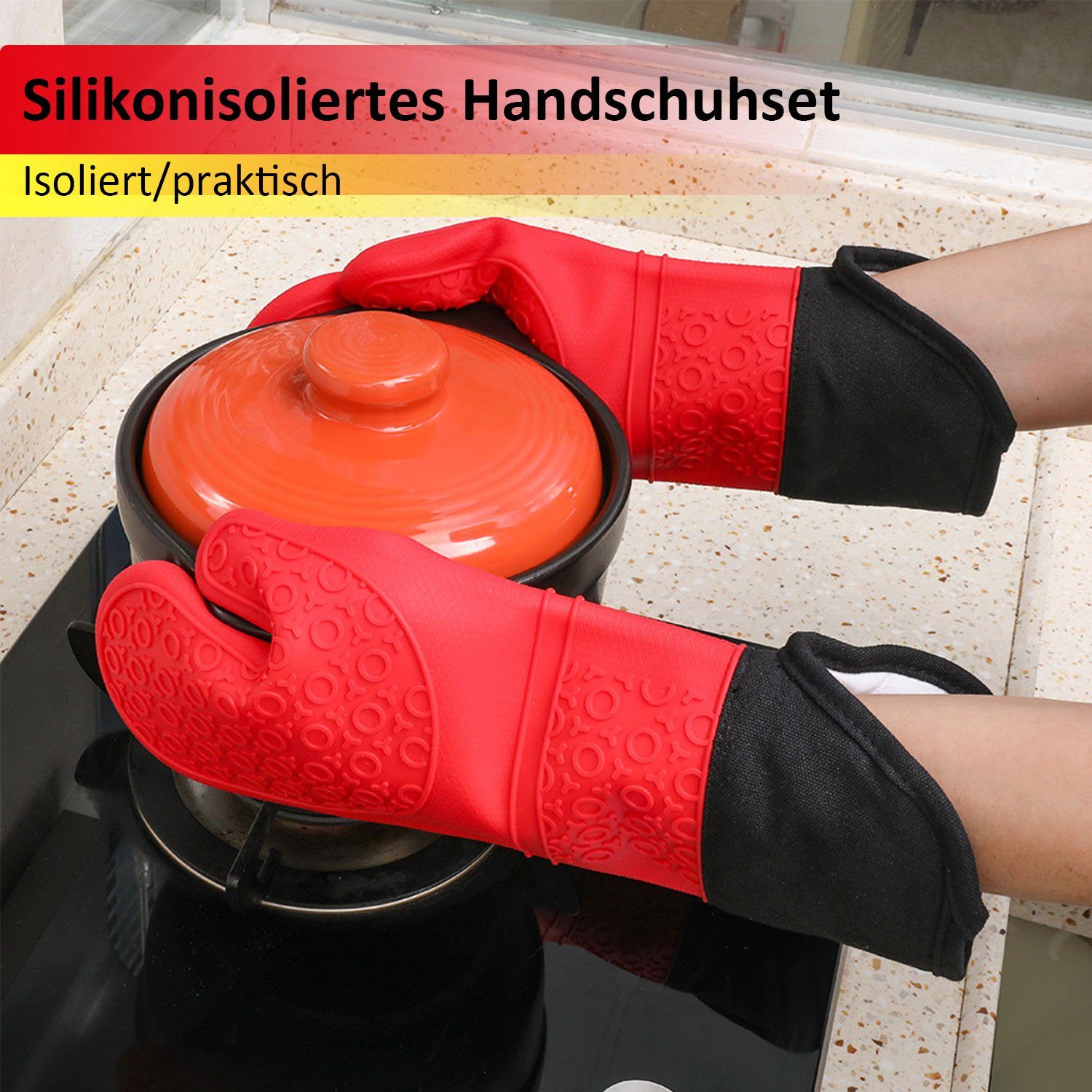 MAGICSHE Topfhandschuhe Silikon Rutschfest Wasserdicht Verdickte Handschuhe, und (6-tlg), Rot Hitzebeständige