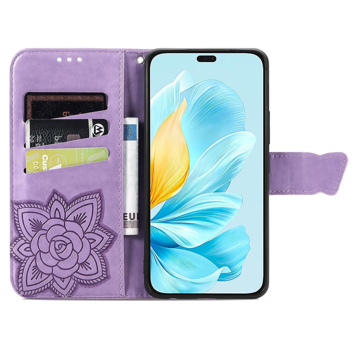 Wigento Smartphone-Hülle Für Honor 200 Lite Kunstleder Wallet Schmetterling Hülle Hell-Lila, Kunst-Leder Schutzhülle Smart Case Cover magnetischer Verschluss