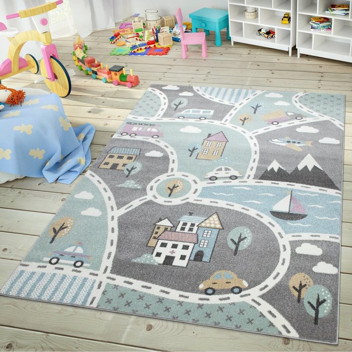 Kinderteppich Kinder-Teppich Spiel-Teppich Für Kinderzimmer Mit Straßen-Motiv In Grün Grau TT Home rund Höhe: 13 mm