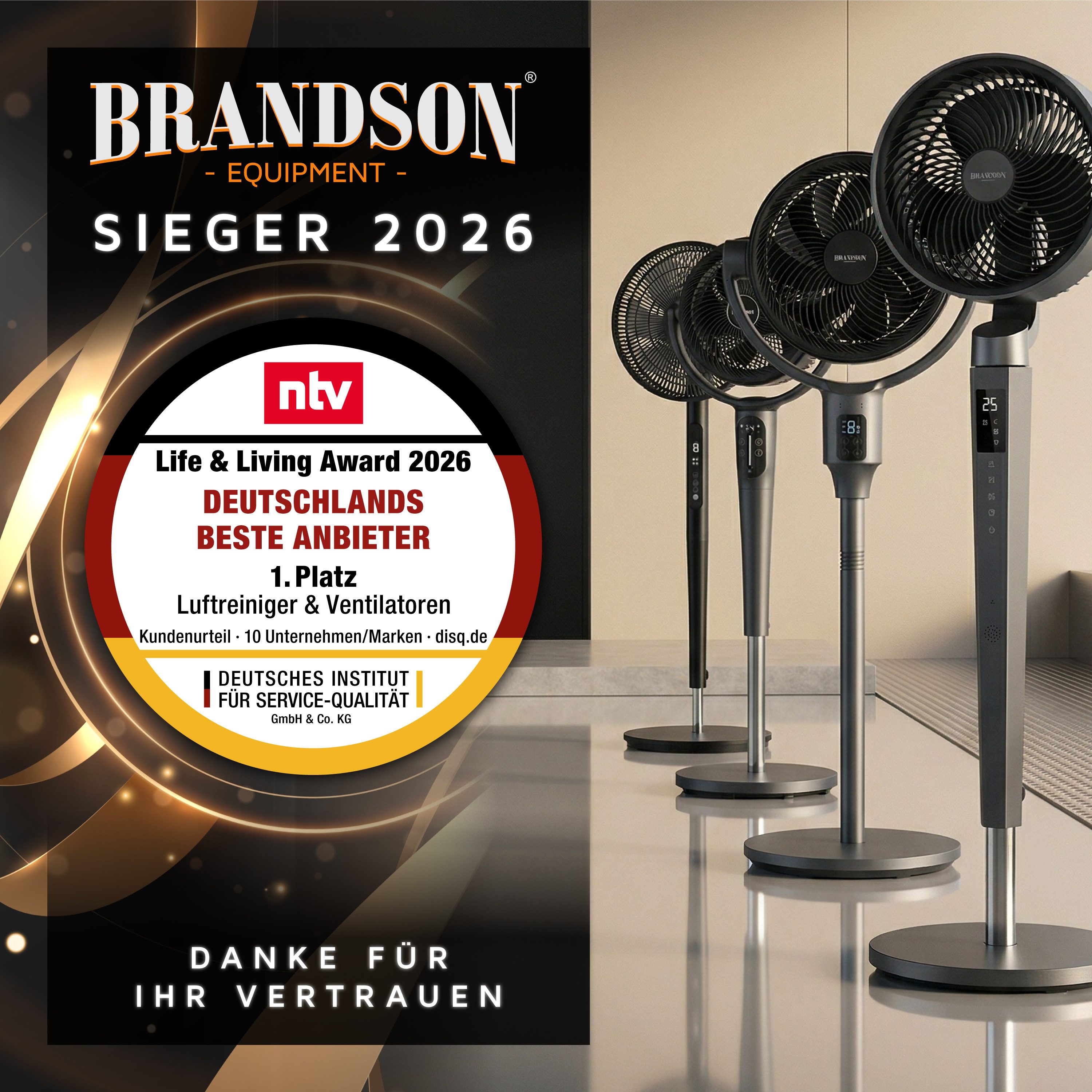Brandson Standventilator DC, leise, energiesparend, Oszillation, Timer, Fernbedienung, 30 Watt, 39.8 cm Durchmesser, NTV Sieger 2026, 9 Geschwindigkeitsstufen, Lüfter, höhenverstellbar