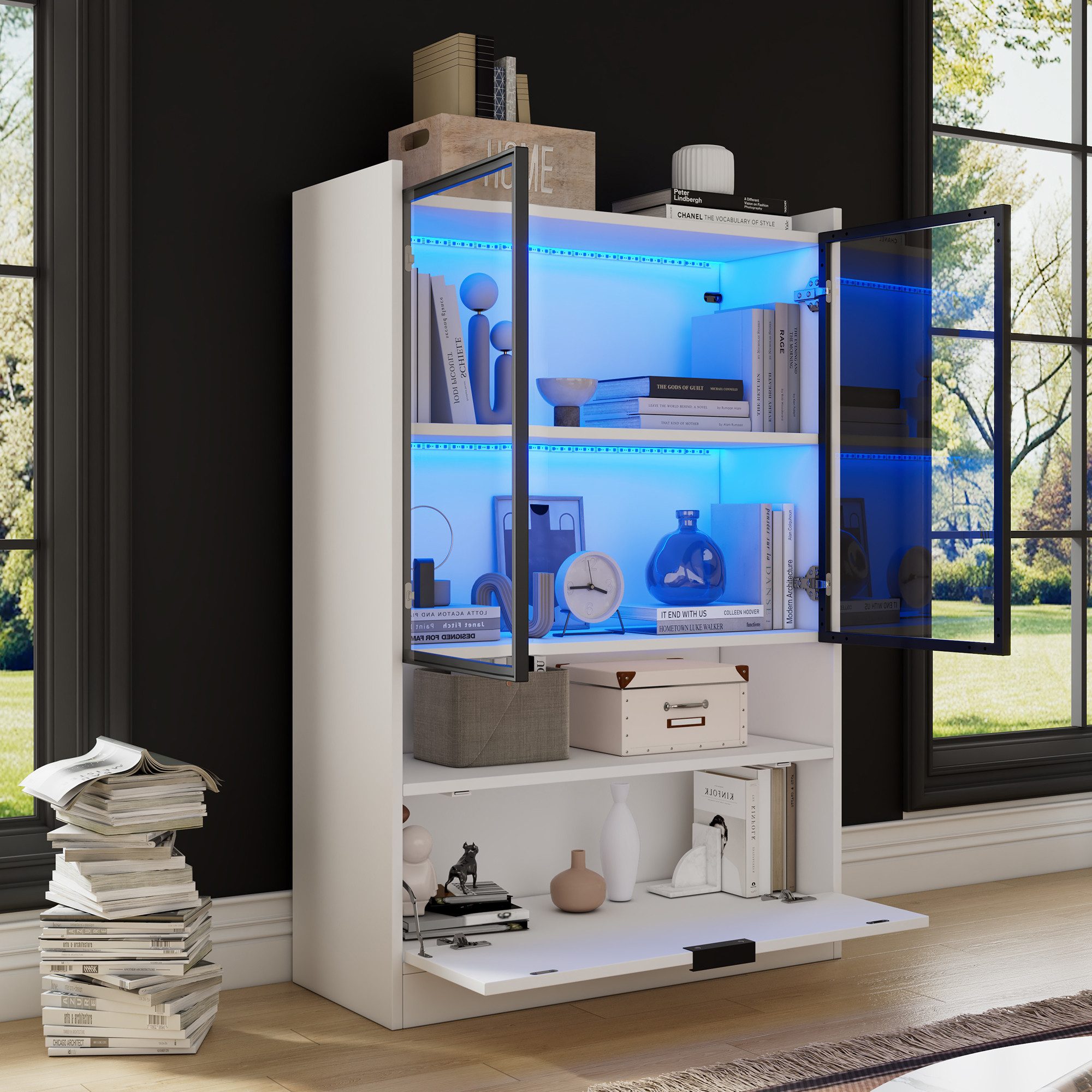MODFU Vitrine Display-Schrank mit LED, 16 Farben, App (1-St., ideal für Wohnbereich, 80x120x35 cm) Glastüren, Klapptür, matt weiß
