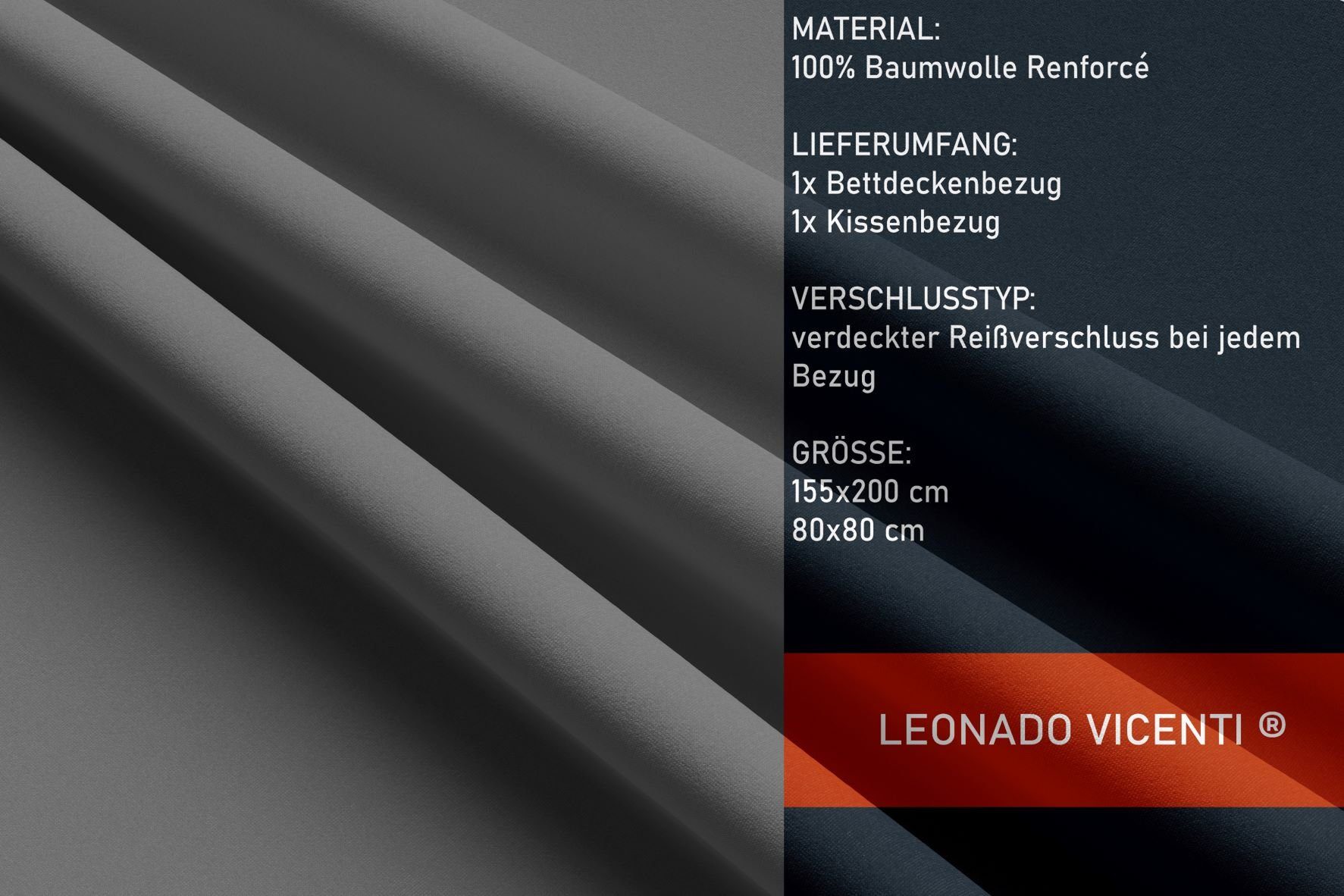 Leonado Vicenti Bettwäsche Baumwolle 135x200, 155x200, 155x220, 200x200, 200x220 oder 240x220, Renforcé, 2 teilig, Einfarbig mit Reißverschluss – Bild 4 von 5