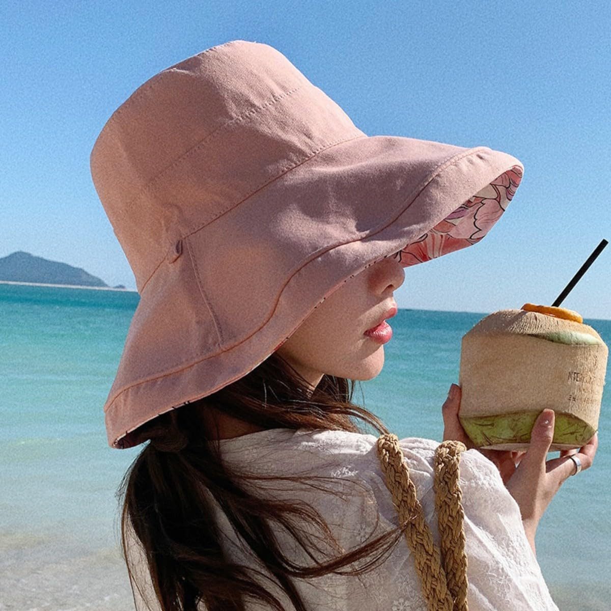 Zaewry Fischerhut Wendbarer Bucket Hat für Damen, UV-Sonnenschutz, Breite Krempe Fischerhut, Sommer-, Strand- & Reisehut