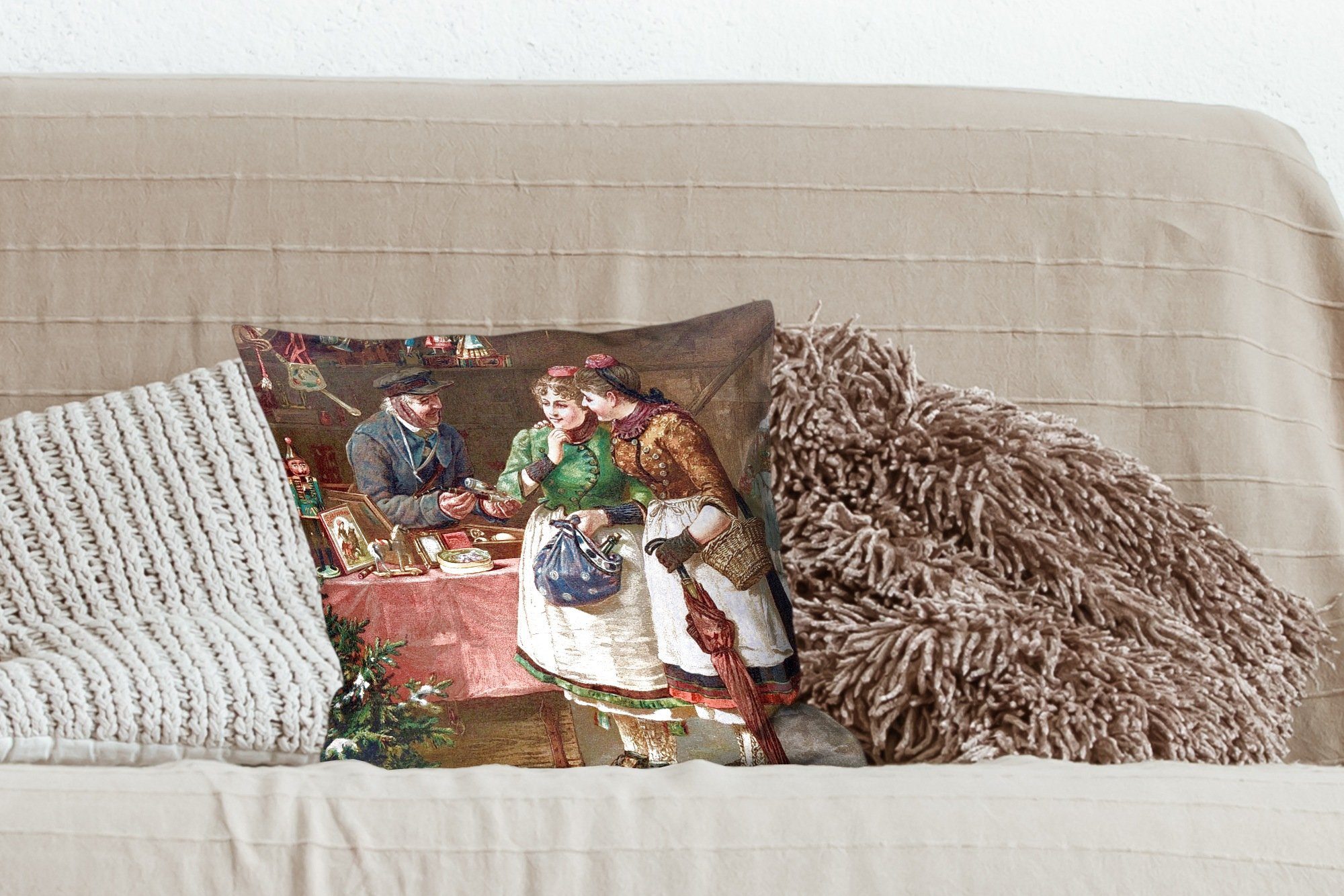 Füllung für Deko, Sofakissen Vintage, Schlafzimmer, - Zierkissen Porträt Weihnachtsmarkt MuchoWow Wohzimmer, mit - Dekokissen Weihnachten