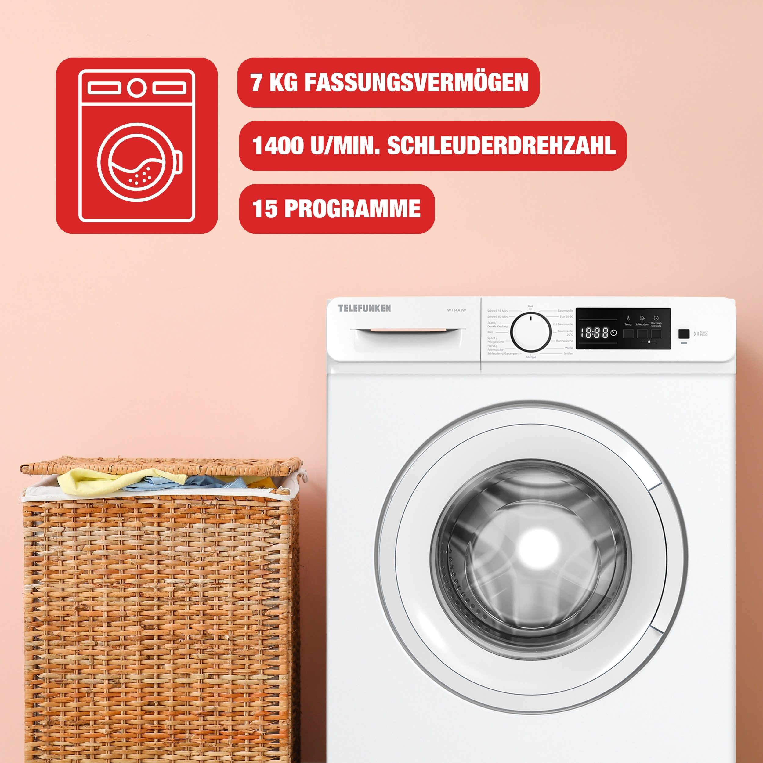 Telefunken Waschmaschine W714A1W, 7 kg, 1400 U/min, Frontlader, Inverter Motor, Schontrommel, 7kg, Leise & Effizient, weiß