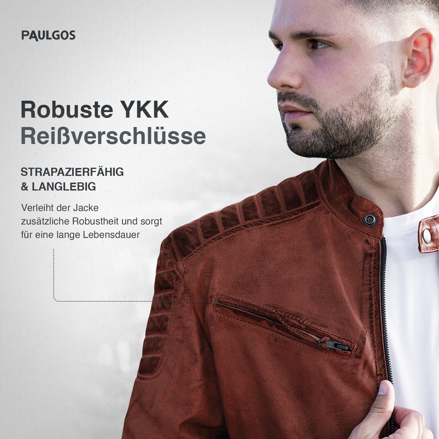 PAULGOS Lederjacke Herren Jacke Übergangsjacke Biker Look 100% Echtleder D2 – Bild 3 von 5