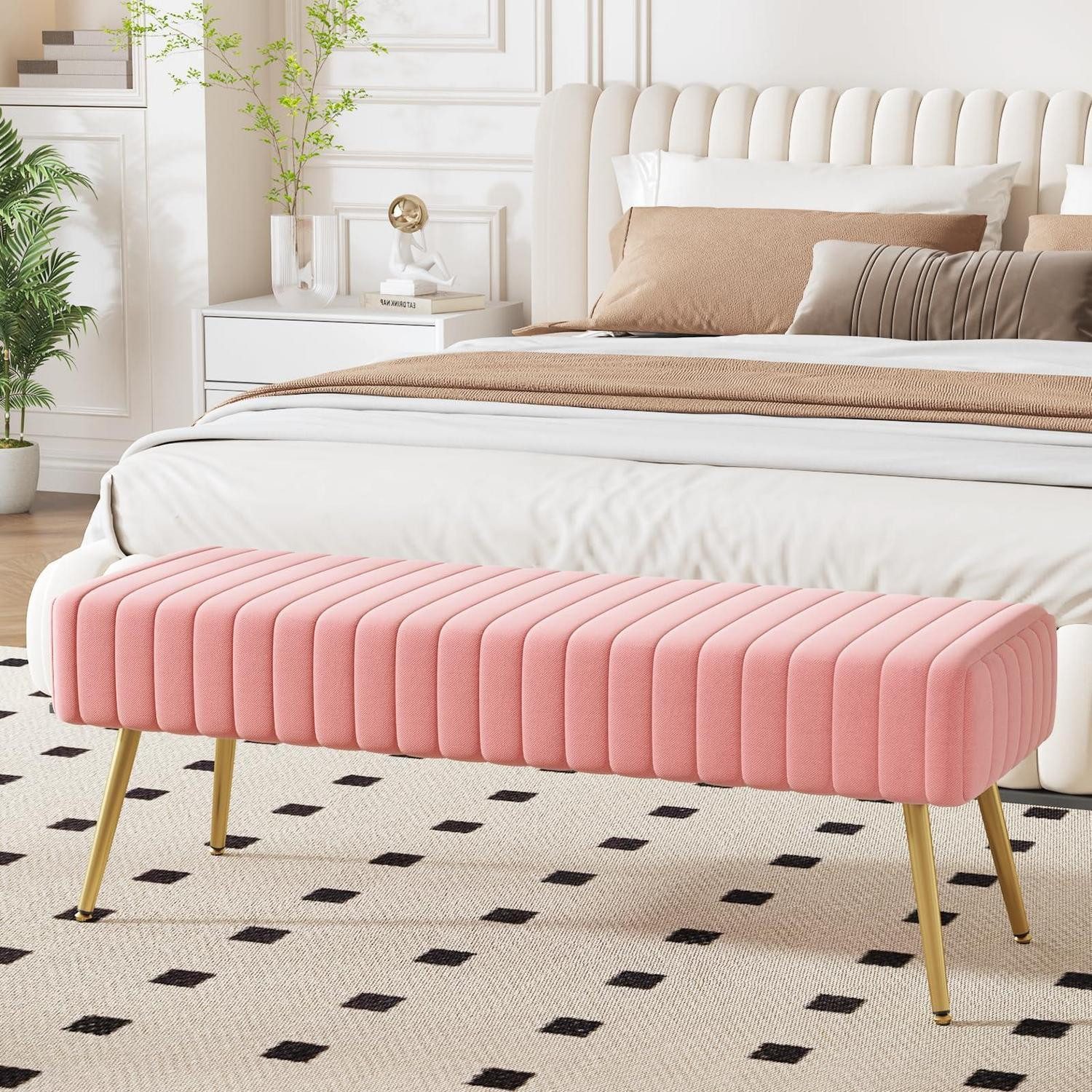 LuxusKollektion Polsterbank Sitzbank Samt 113.5x36.5cm Rosa Metallbeine (1-St)