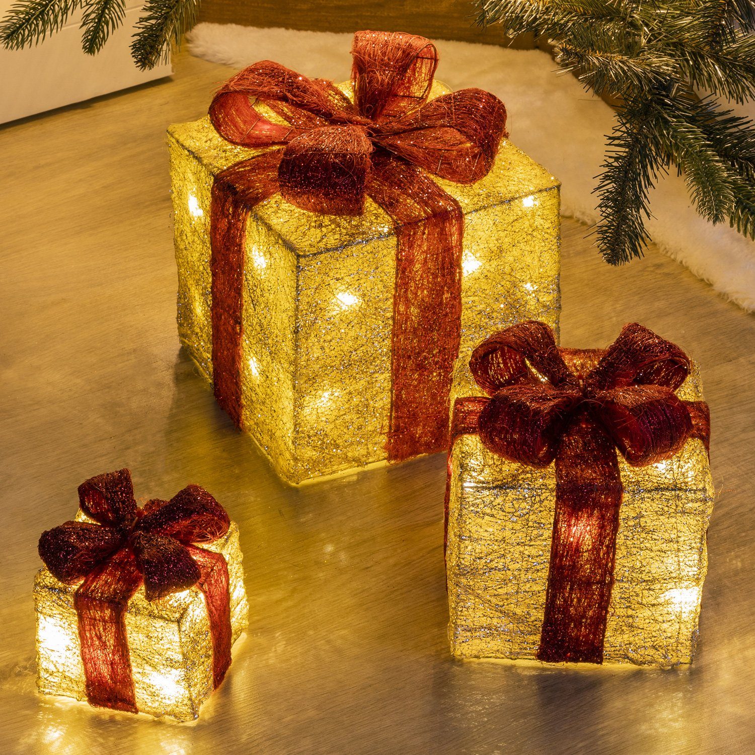 MARELIDA LED Dekolicht LED Geschenkboxen beleuchtet Schleife Weihnachtsdeko  40LED Timer 3St., LED Classic, warmweiß (2100K bis 3000K)