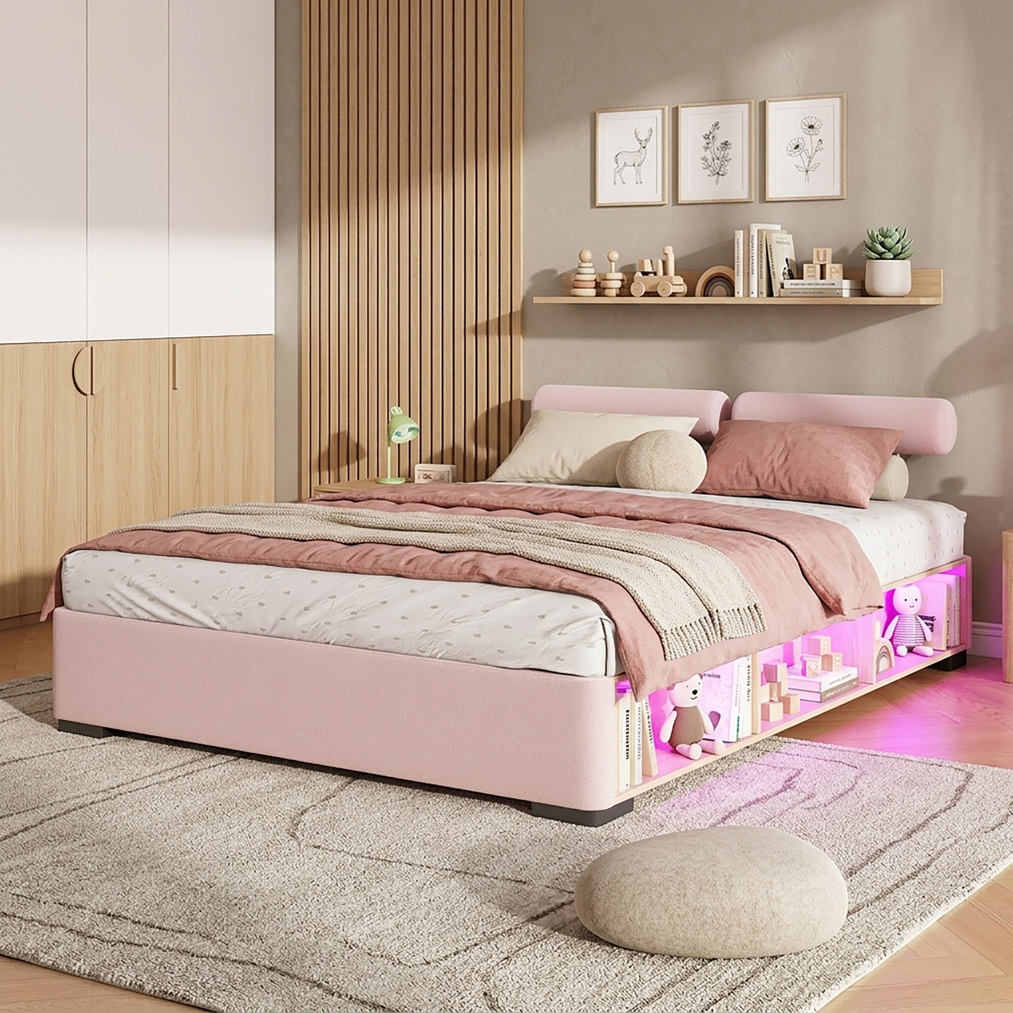 Flieks Polsterbett seitliche offene Staufächer mit LED-Beleuchtung, Kinderbett 140x200cm mit flexiblen Kopfstützen auf 3 Seiten montierbar
