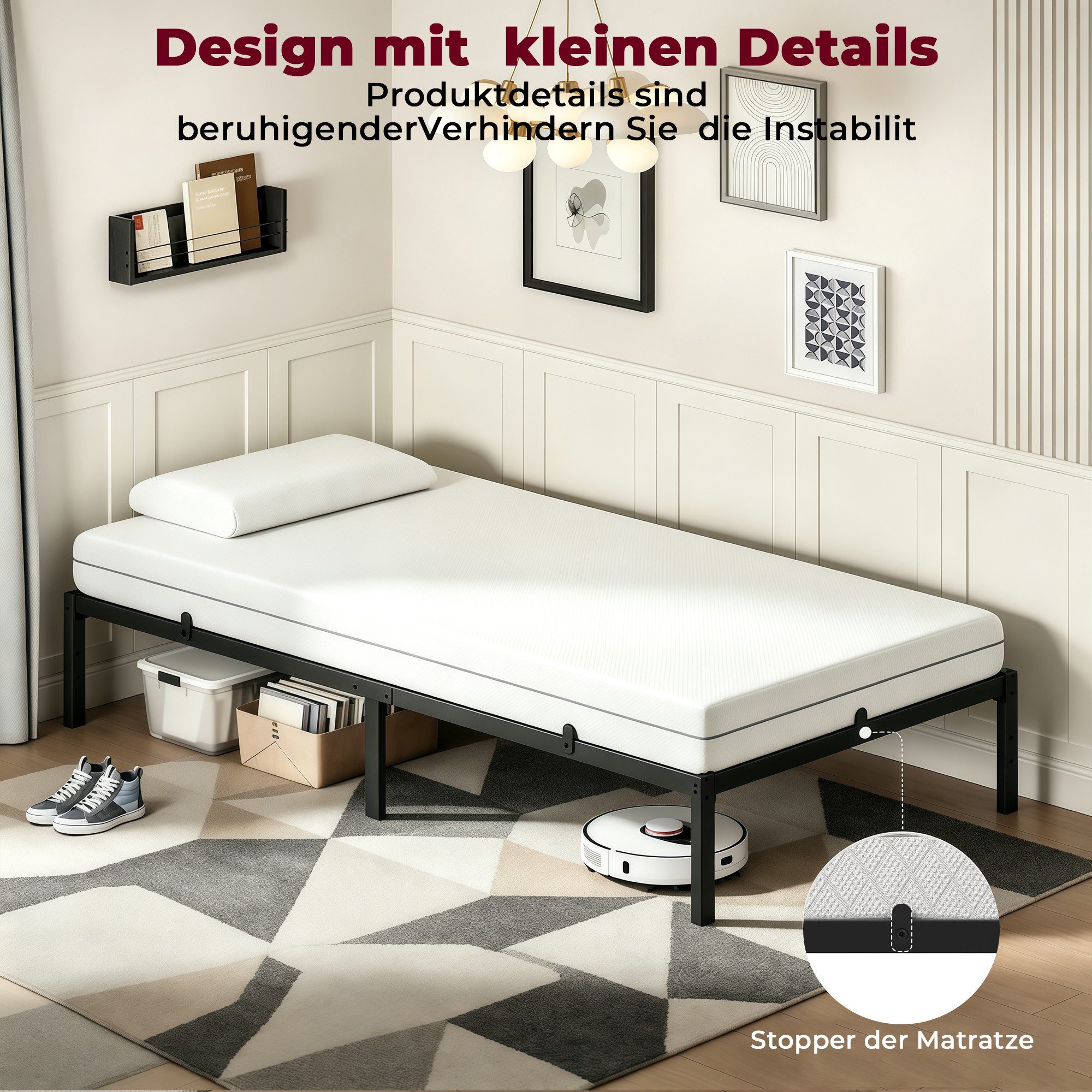GLIESE Einzelbett 90 x 200 cm Bettgestell (Metallbettgestell), mit Holzlatten, Leise, bodenschonende Pads – Bild 4 von 5