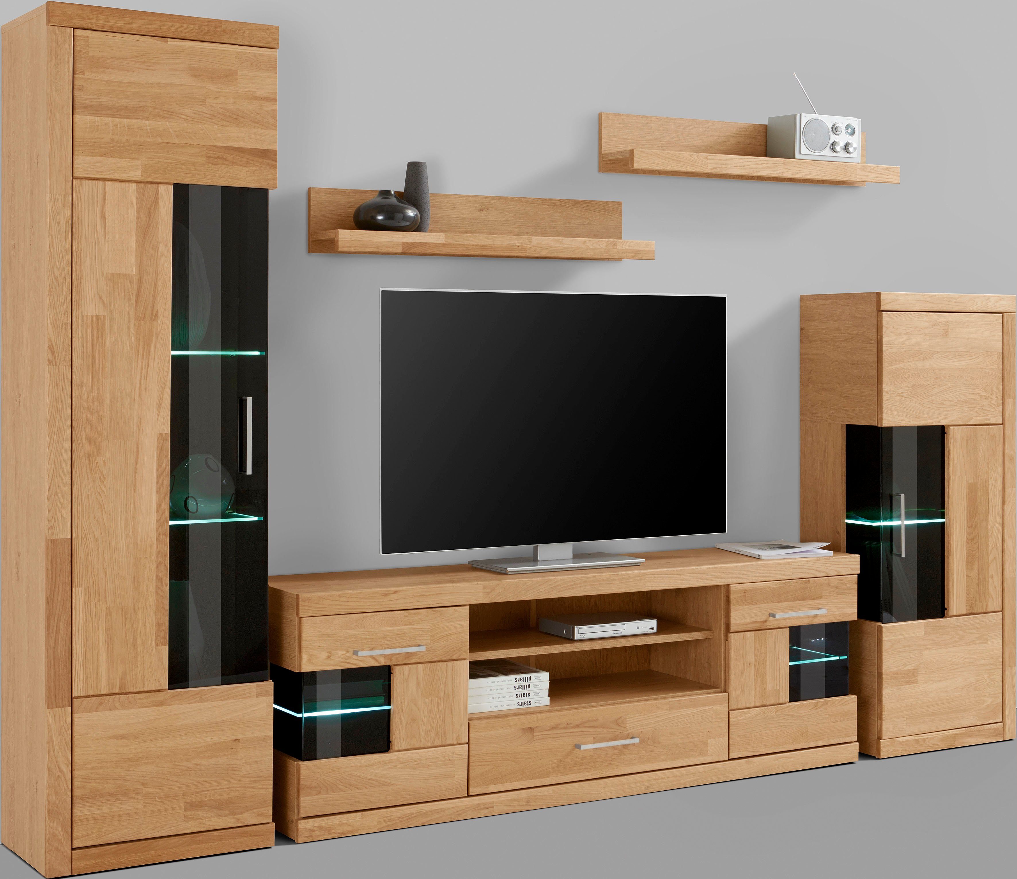 OTTO home Wohnwand Ribe Wohnwand Set-5 St., (Set, 5-St), Glaseinsatz aus gehärtetem Glas,Böden teilweise versetzbar