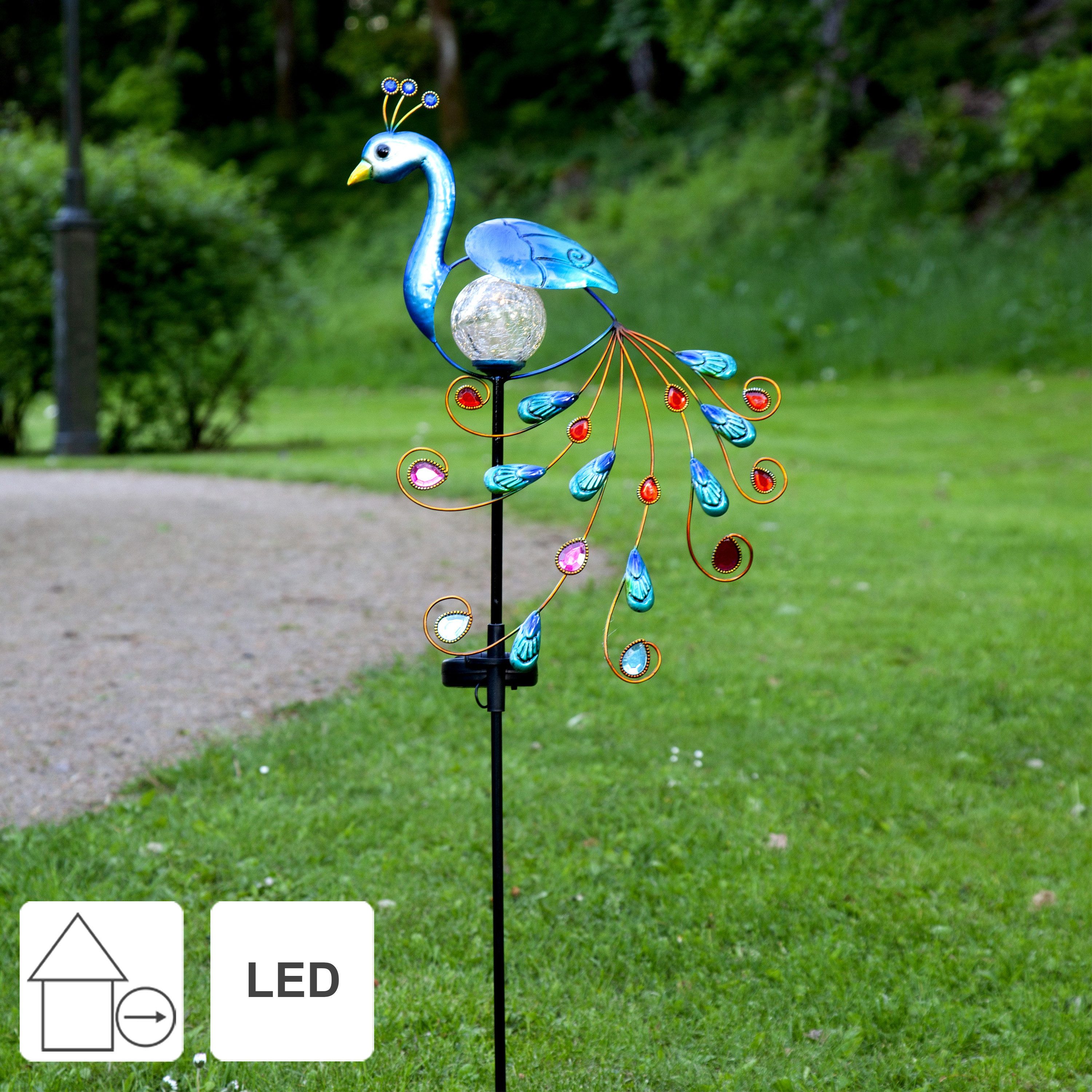 STAR TRADING LED Solarleuchte Peacock, Solar Gartenspieß,Peacock', Pfau, mit Leuchtkugel + Dämmerungssensor