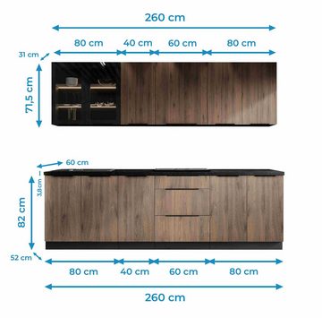 Furnix Küchenzeile Iconica Einbau-Küche 260 cm Küchenmöbel-Set braun Okopi Nuss, Maße 260x85,8x60 cm mit Arbeitsplatte, elegantes topaktuelles Design