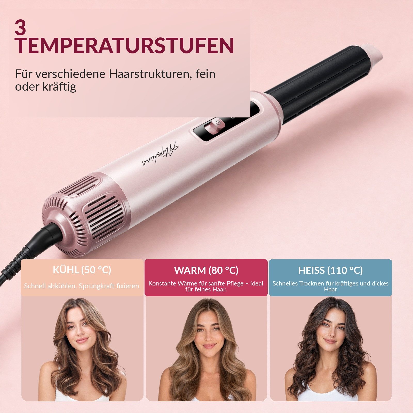 UKLISS Multihaarstyler 5-in-1 Haarstyler-Set mit LCD-Display, Airbrush, Rundbürste, Föhn, Heißluftbürste, Lockenstab & Thermobürste