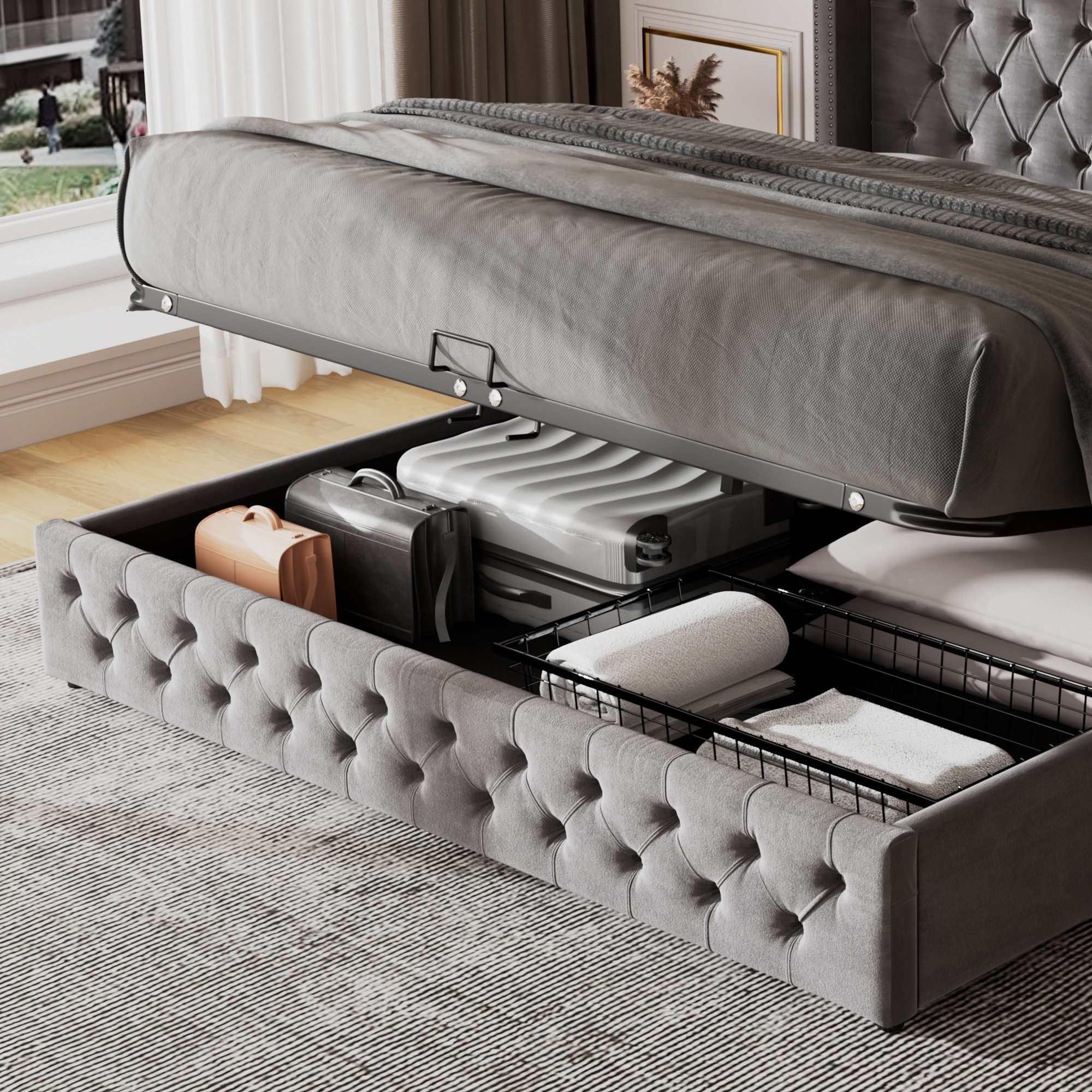 MODFU Polsterbett Doppelbett mit Bettkasten gepolstertem Kopfteil (Bettunterseite ist mit schmutzabweisenden schwarzen Vliesstoff, Grau, Bettunterseite ist mit  – Bild 5 von 5
