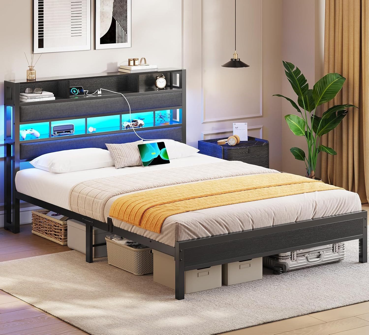 MSMASK Metallbett mit LED Beleuchtung & Ladestation, Kinderbett Jugendbett (1-tlg., Ohne Matratze), Bettgestell 140x200cm