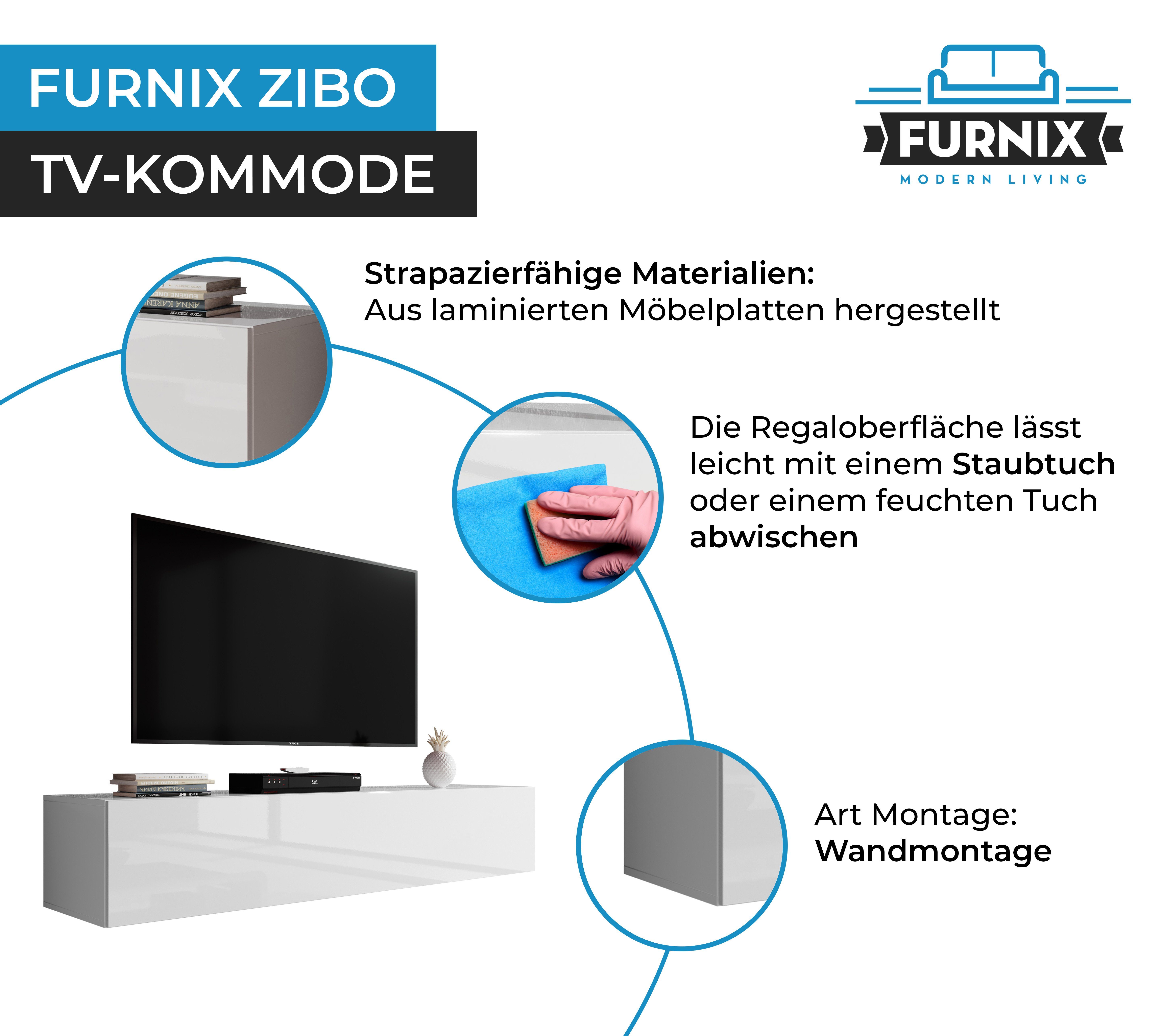 Hängeboard 160 cm, Lowboard Tiefe ZIBO 34 40 Furnix cm Weiß-Hochglanz TV-Schrank TV-Board modern, Breite Höhe cm,