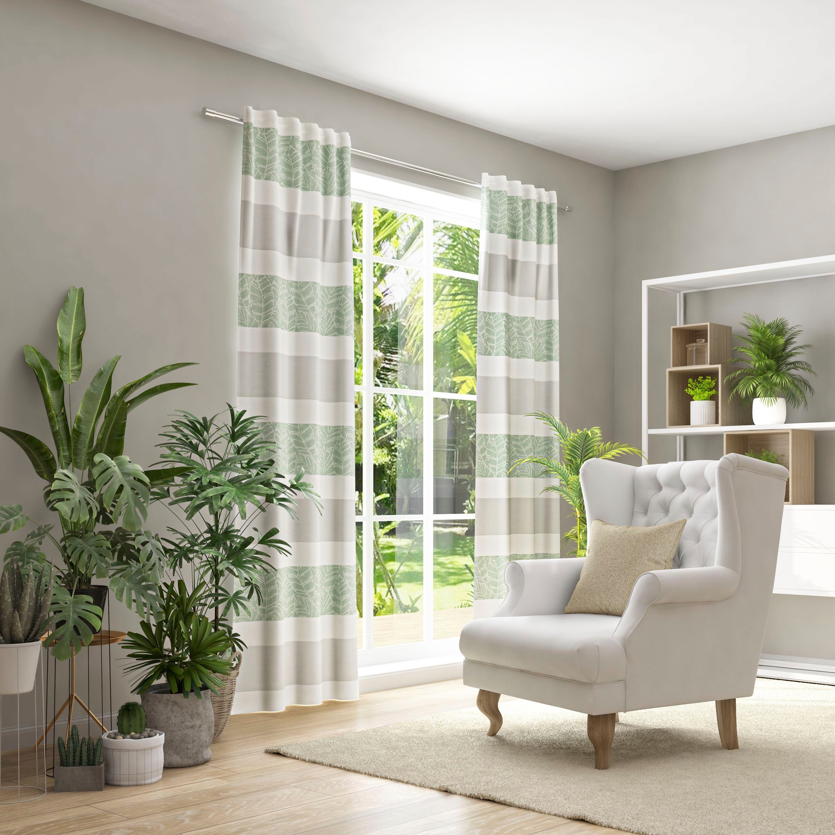 Vorhang for blickdicht, (1 Neutex you!, grün/grau/weiß Blattmotiven mit Multifunktionsband Querstreifen St), Madeira,