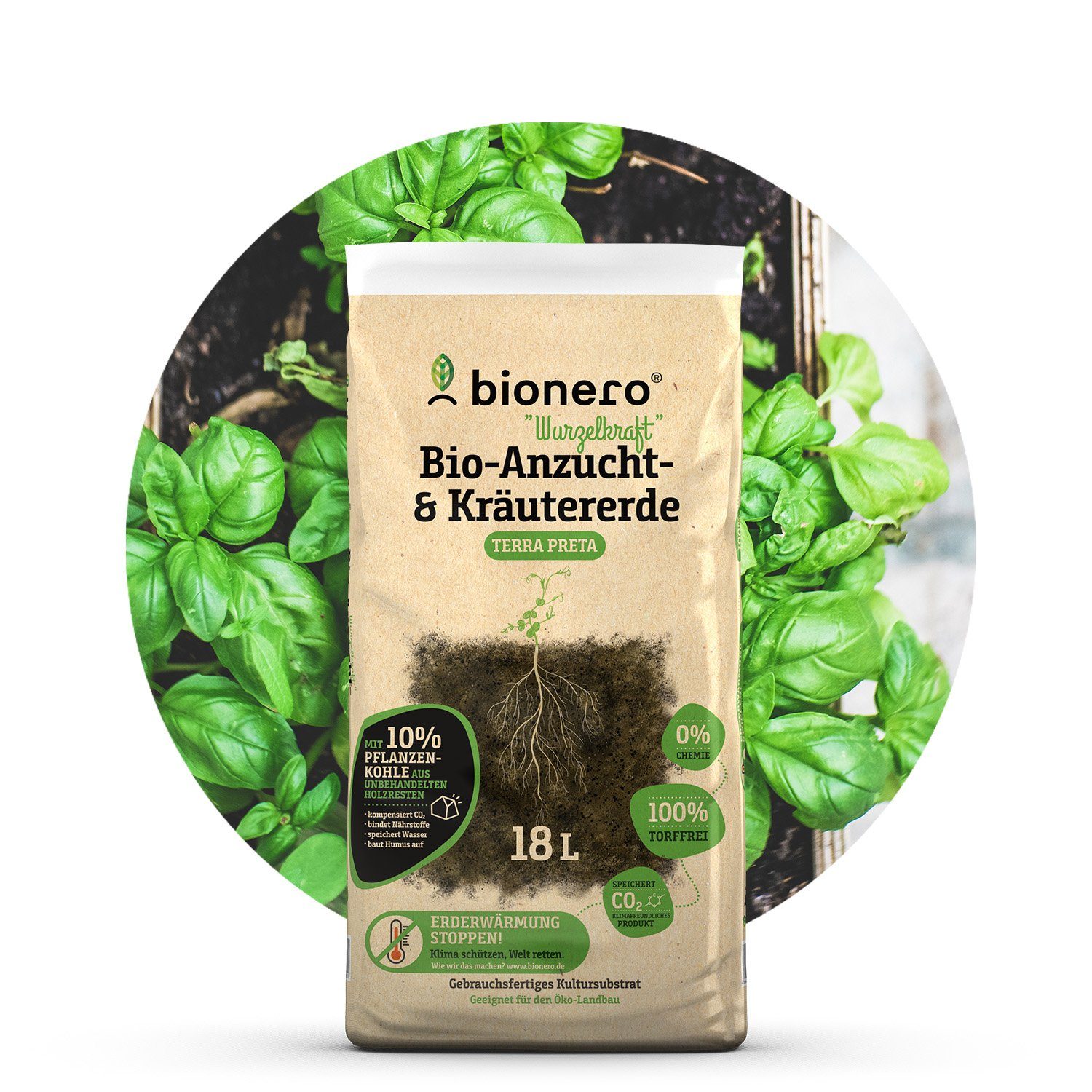 Landshop24 Bio-Erde Anzucht & Kräutererde 18 L "Wurzelkraft" von bionero® Terra Preta Bio Anzucht & Kräutererde, mit Pflanzenkohle, (1-St., Sack), Terra Preta Schwarzerde