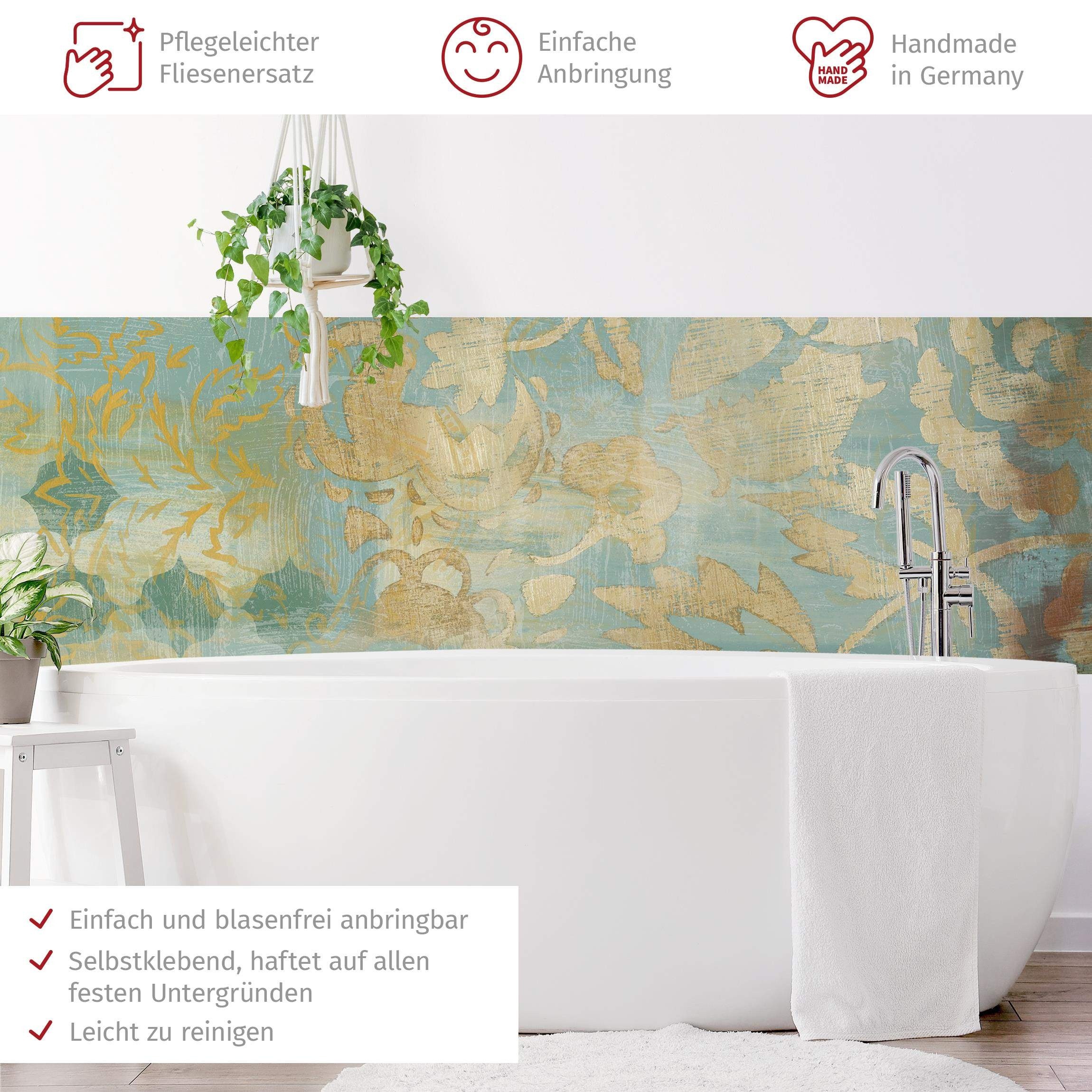 Bilderdepot24 Badrückwand gold fugenlose Wandverkleidung Bad Vintage, (Hartfolie matt » Selbstklebend SMART 0,35 mm), wasserfestes Wandpaneel Marokkanisch Gold Türkis