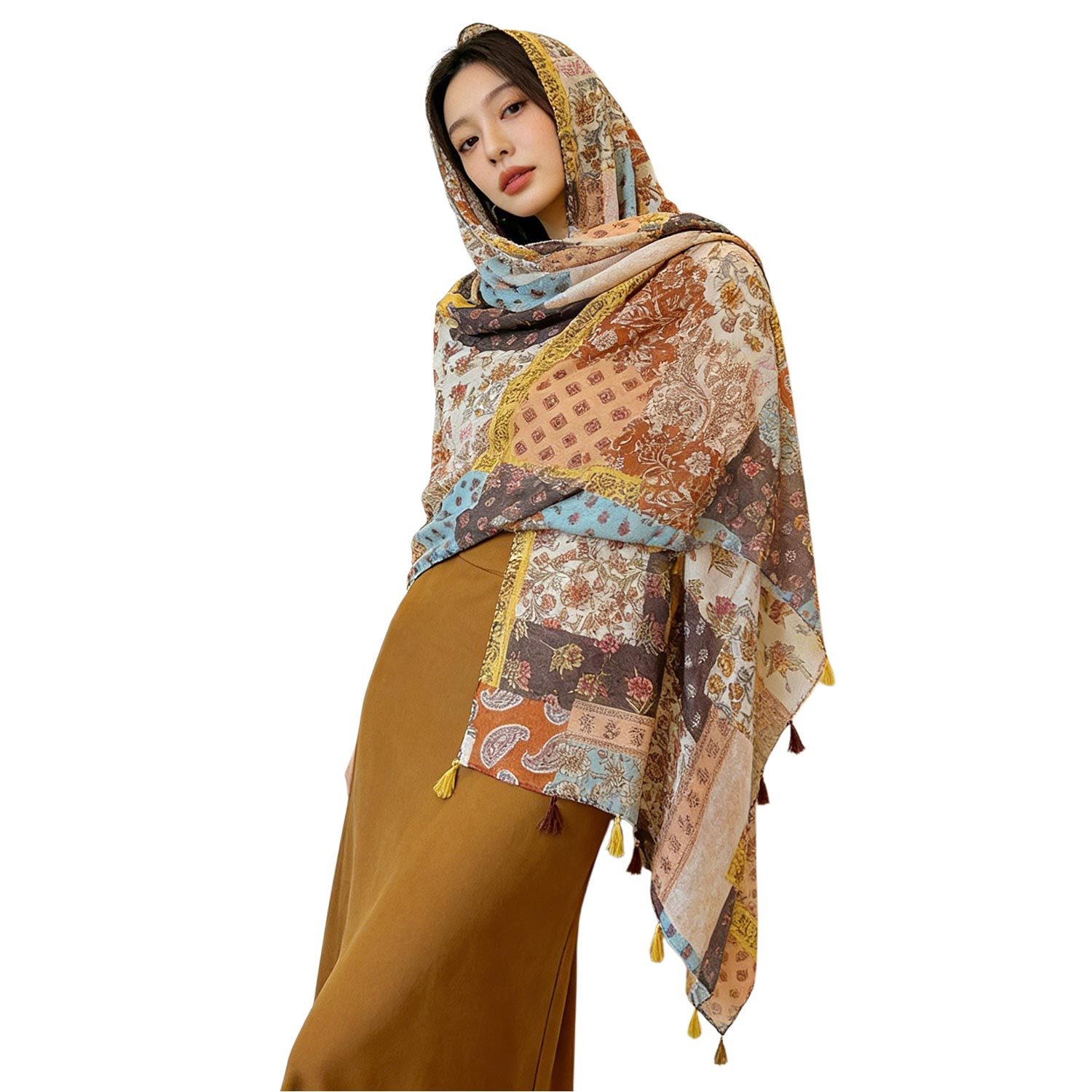 Refttenw Poncho Damen Boho Schal,Umhang,Schultertuch,mit Fransen,Knöpfen,atmungsaktiv