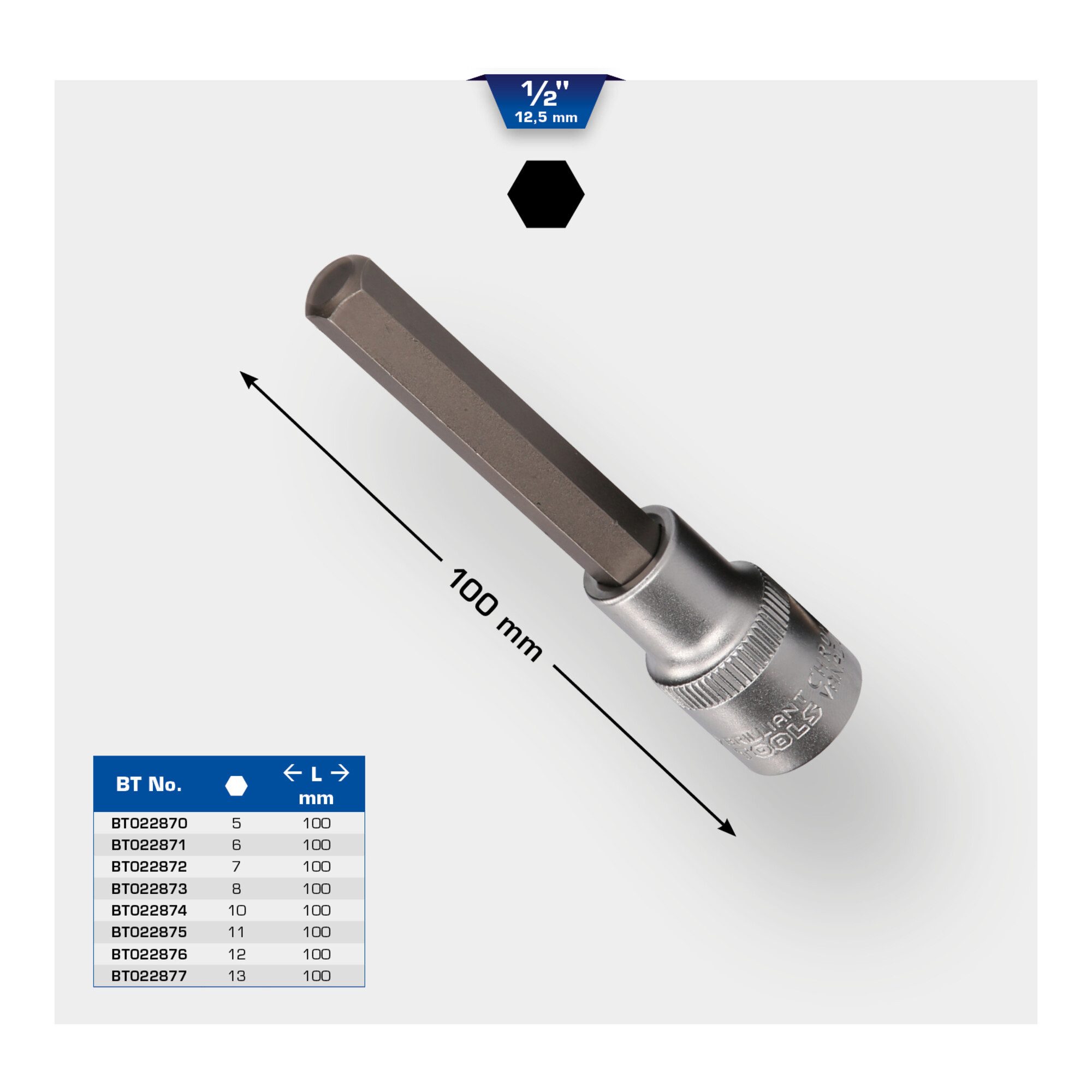 Brilliant Tools Steckschlüssel Brilliant Tools 1/2 Zoll Innensechskant Bit-Stecknuss, 100 mm lang, 6