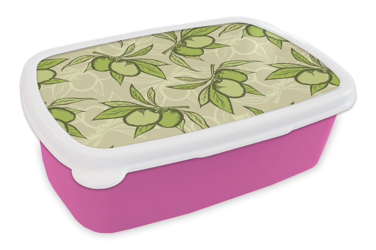MuchoWow Lunchbox Olive - Blätter - Vegan - Design - Vintage, Kunststoff, (2-tlg), Brotbox für Erwachsene, Brotdose Kinder, Snackbox, Mädchen, Kunststoff rosa