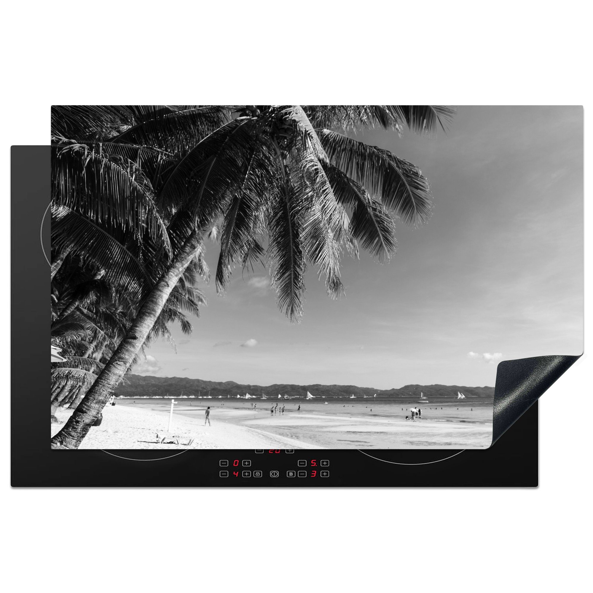 MuchoWow Herdblende-/Abdeckplatte Palmen am Strand von Boracay - schwarz und weiß, Vinyl, (1 tlg), 81x52 cm, Induktionskochfeld Schutz für die küche, Ceranfeldabdeckung